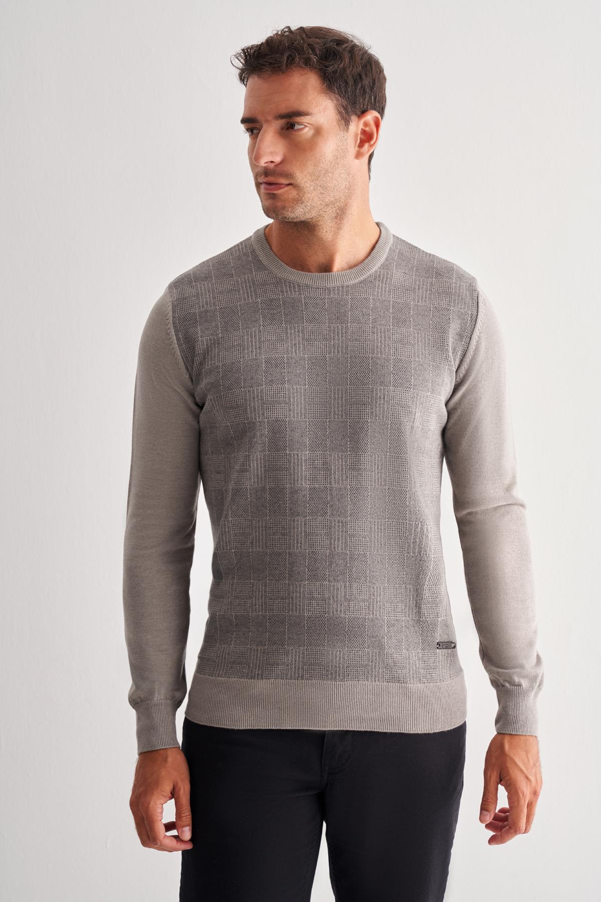 Gri Bisiklet Yaka Uzun Kol Cepsiz Comfort Fit Pamuklu Triko Kazak 1012255217