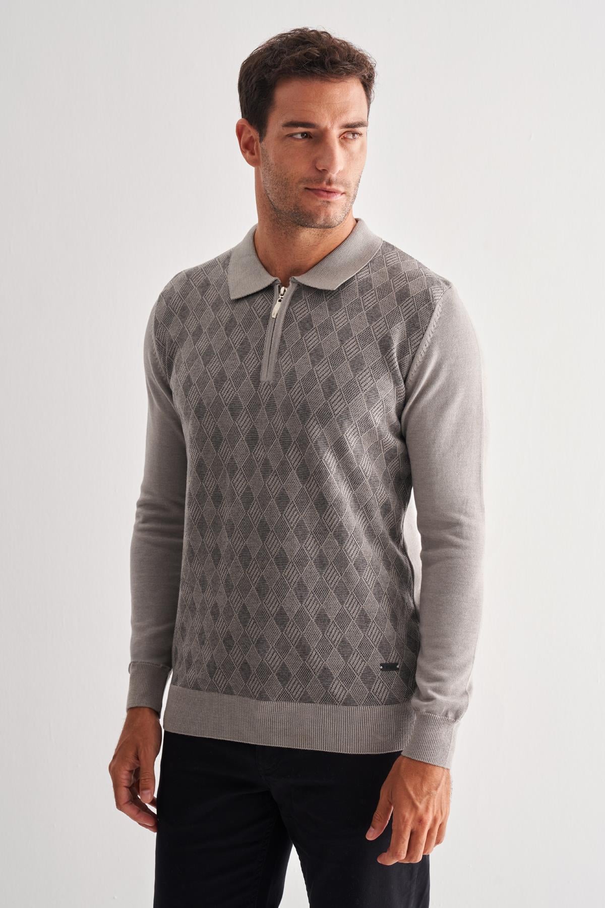 Gri Fermuarlı Polo Yaka Uzun Kol Cepsiz Comfort Fit Pamuklu Triko Kazak 1012255223
