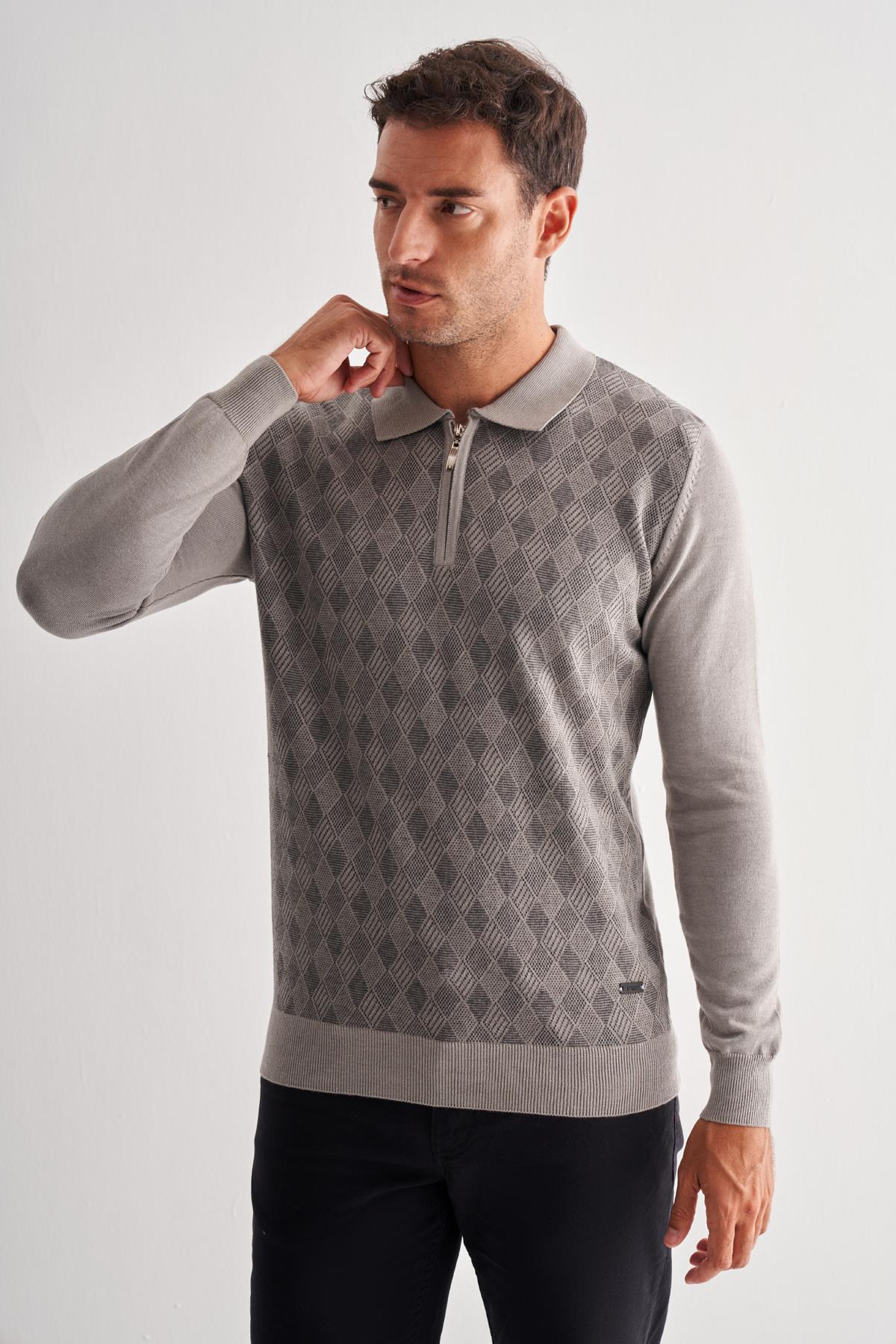Gri Fermuarlı Polo Yaka Uzun Kol Cepsiz Comfort Fit Pamuklu Triko Kazak 1012255223