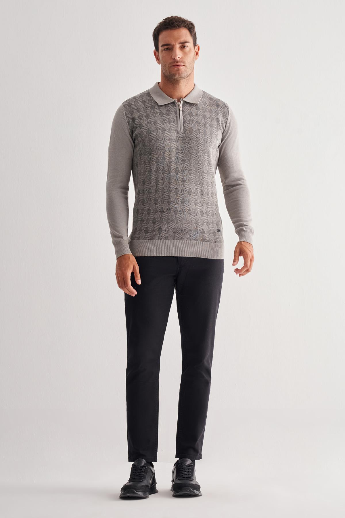 Gri Fermuarlı Polo Yaka Uzun Kol Cepsiz Comfort Fit Pamuklu Triko Kazak 1012255223