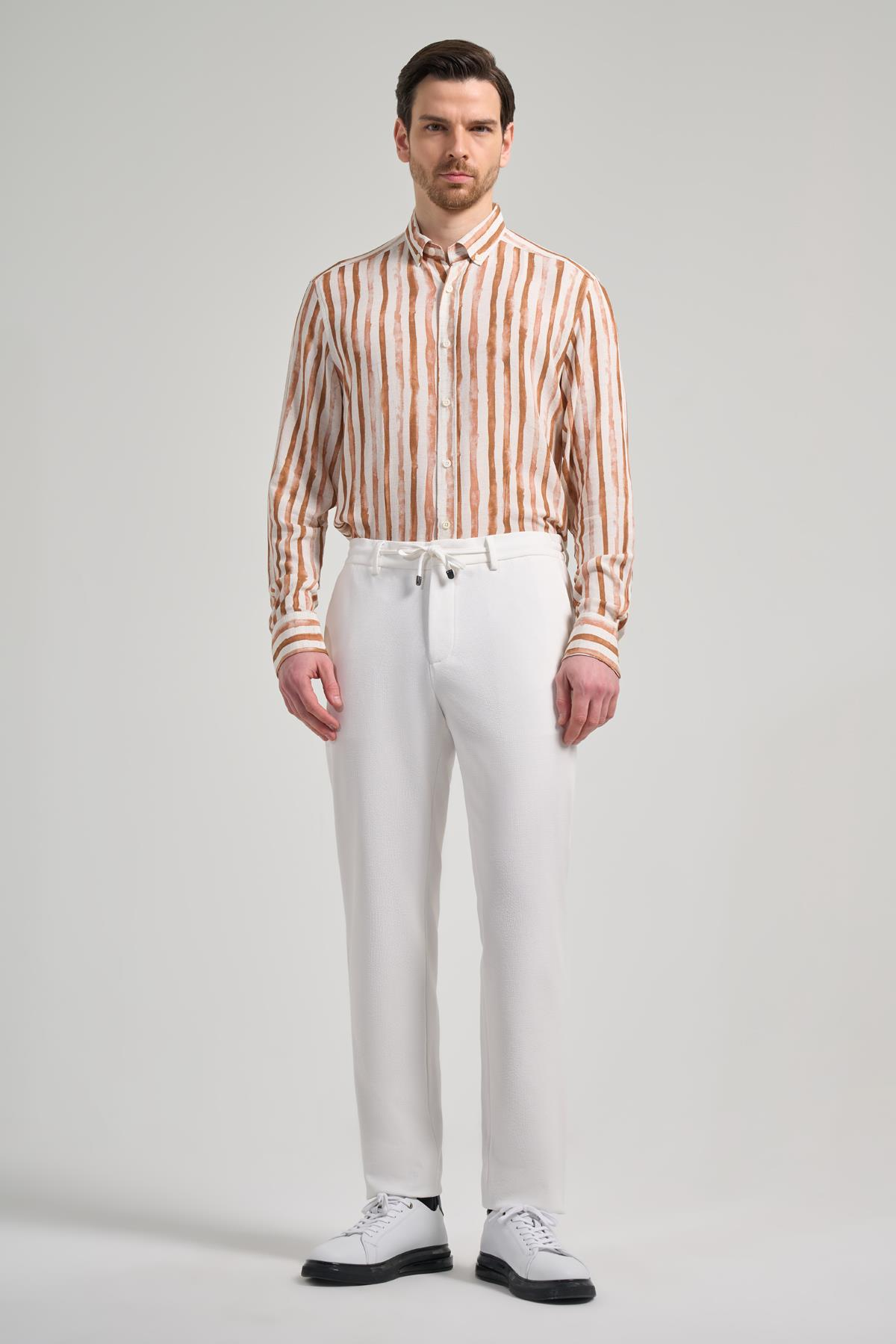 Krem Rengi Esnek Yandan Cepli Classic Slim Fit Jogger Pantolon 1003240169