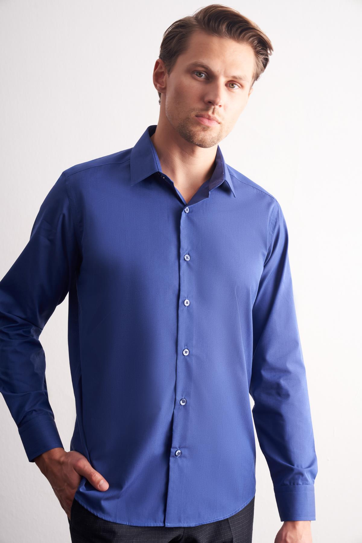 Lacivert Sert Yaka Filafil Desen Uzun Kol Slim Fit Pamuklu Gömlek 1004255181