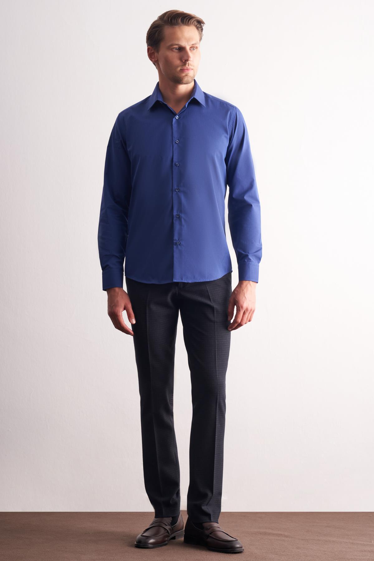Lacivert Sert Yaka Filafil Desen Uzun Kol Slim Fit Pamuklu Gömlek 1004255181