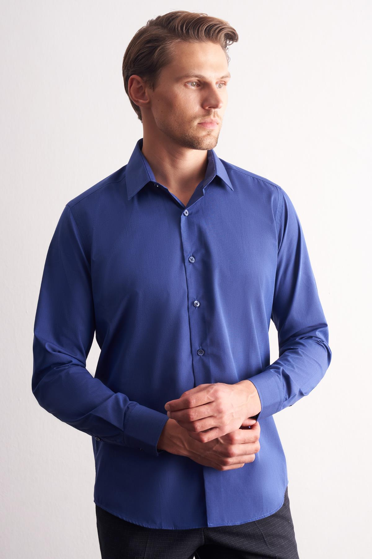 Lacivert Sert Yaka Filafil Desen Uzun Kol Slim Fit Pamuklu Gömlek 1004255181