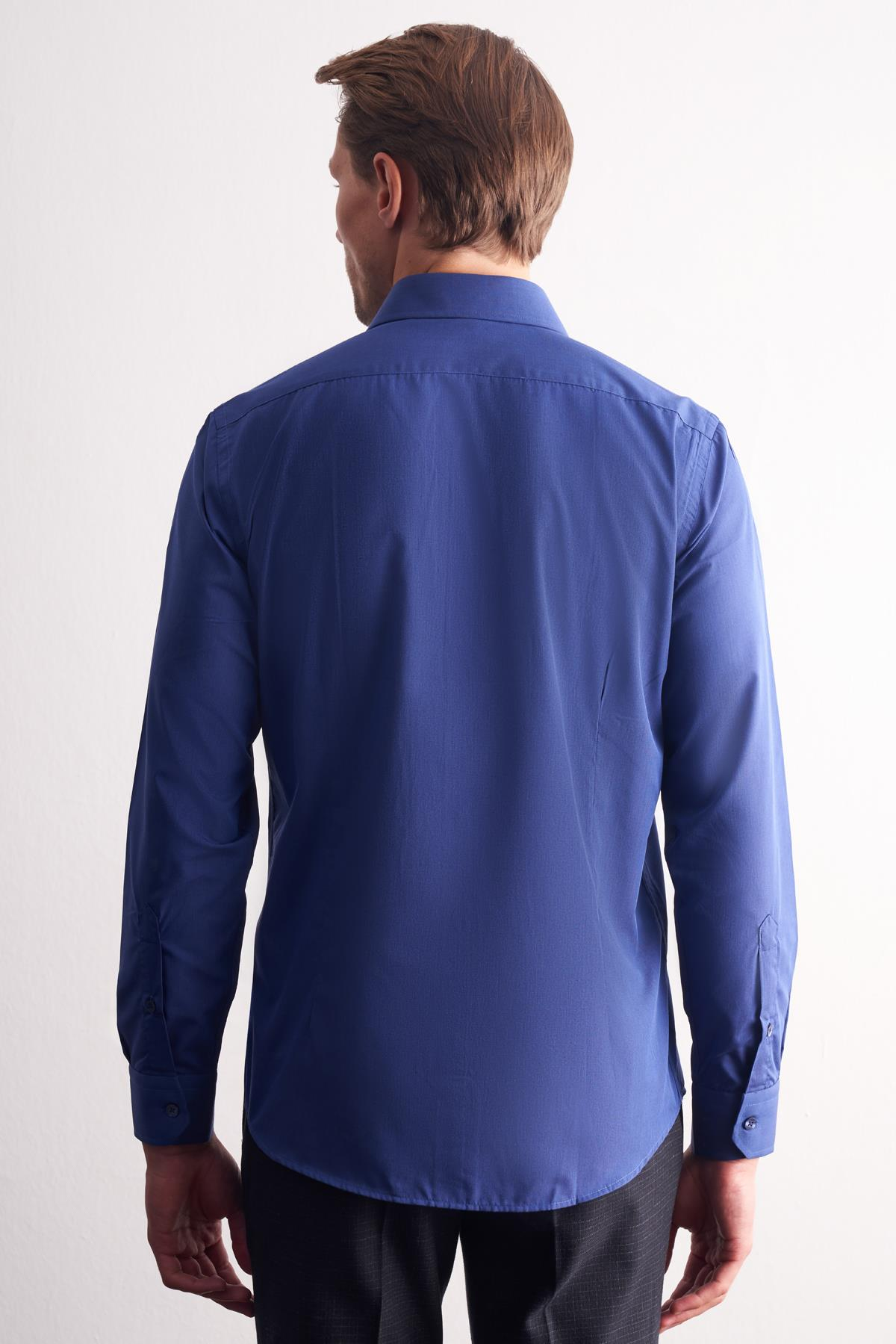 Lacivert Sert Yaka Filafil Desen Uzun Kol Slim Fit Pamuklu Gömlek 1004255181