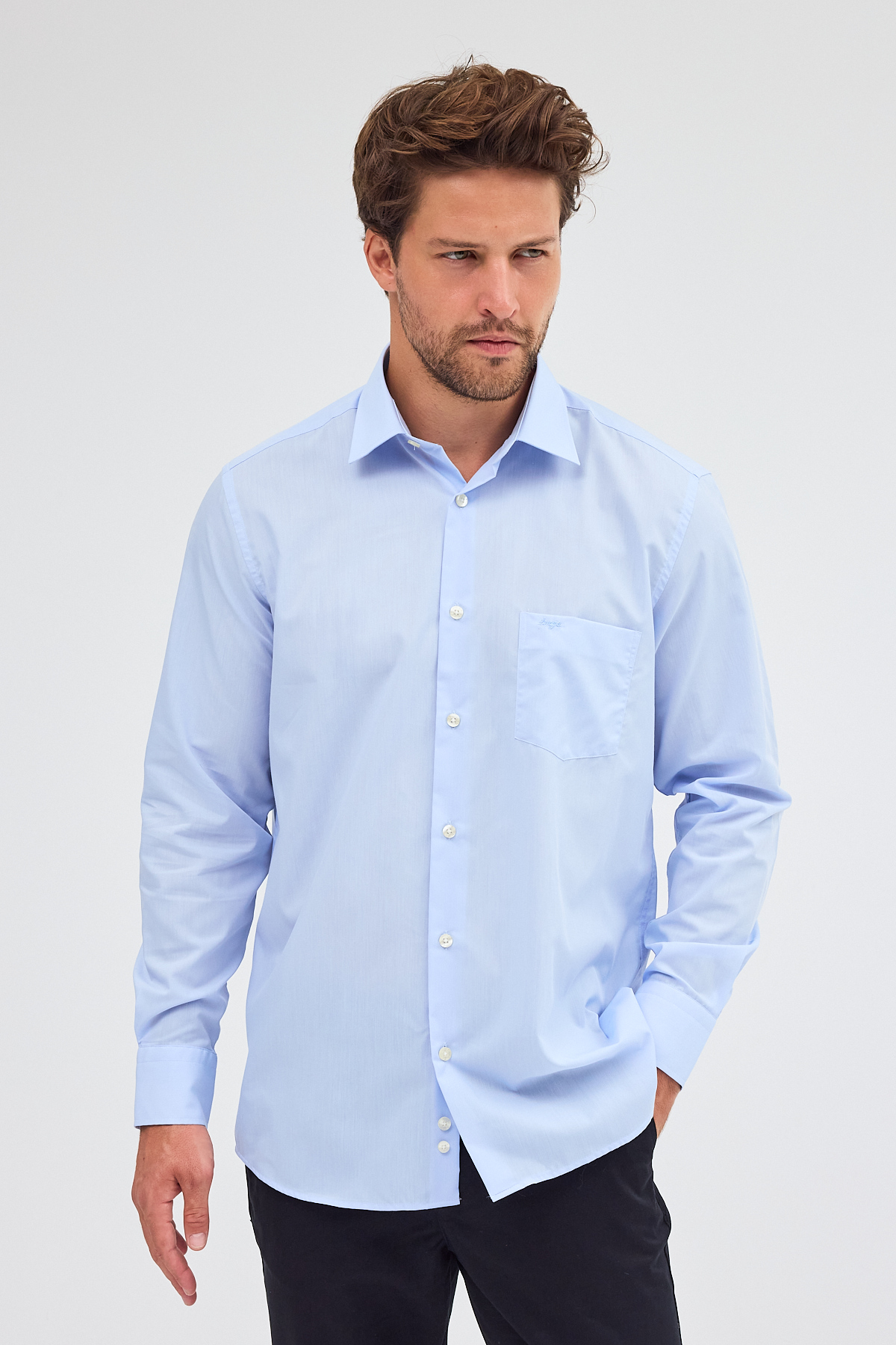 Mavi Sert Yaka Uzun Kol Easy To Iron Comfort Fit Pamuklu Gömlek 1004255300