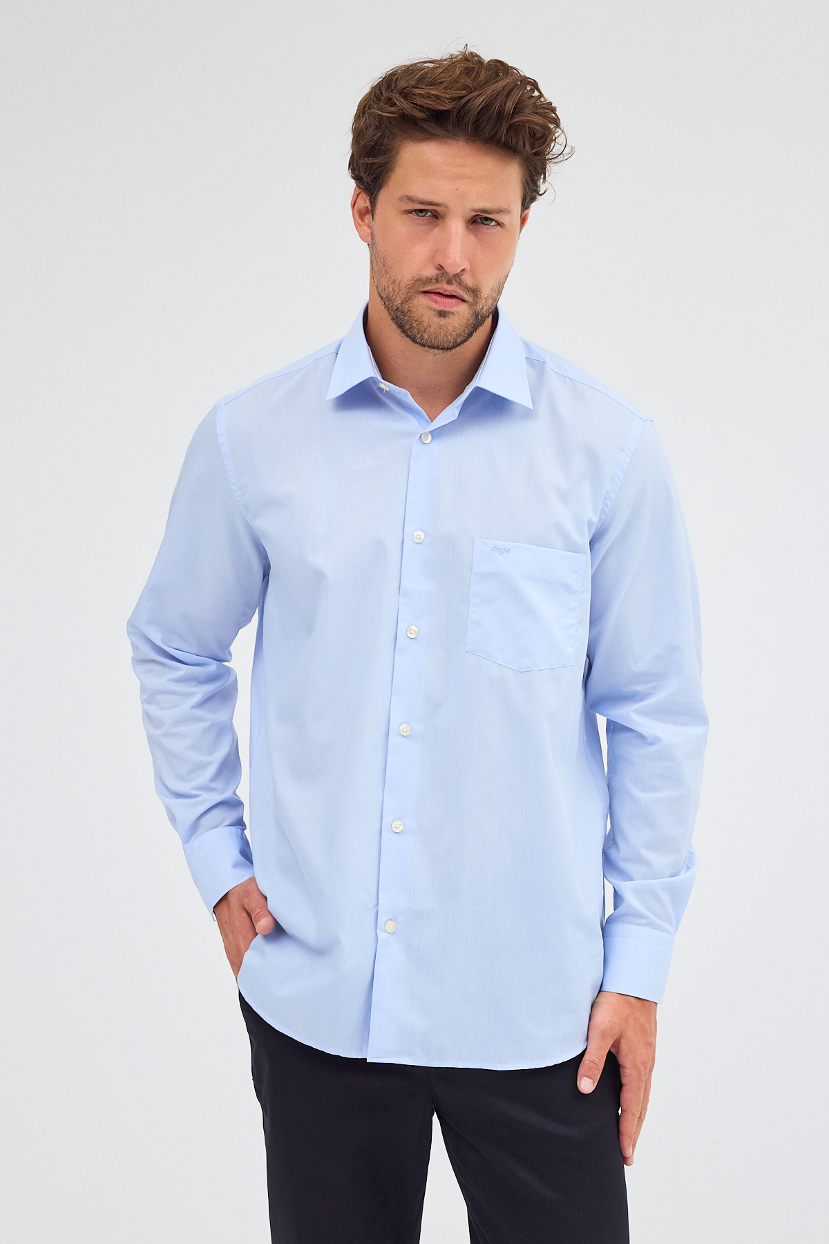 Mavi Sert Yaka Uzun Kol Easy To Iron Comfort Fit Pamuklu Gömlek 1004255300
