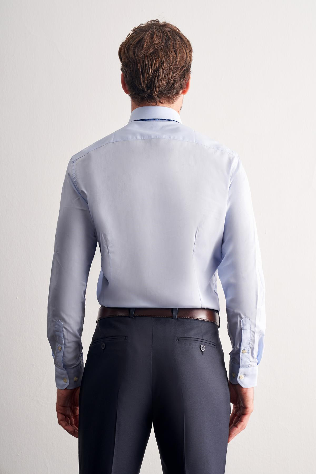 Mavi Yarım İtalyan Yaka Uzun Kol Easy To Iron Slim Fit Pamuklu Gömlek 1004255301