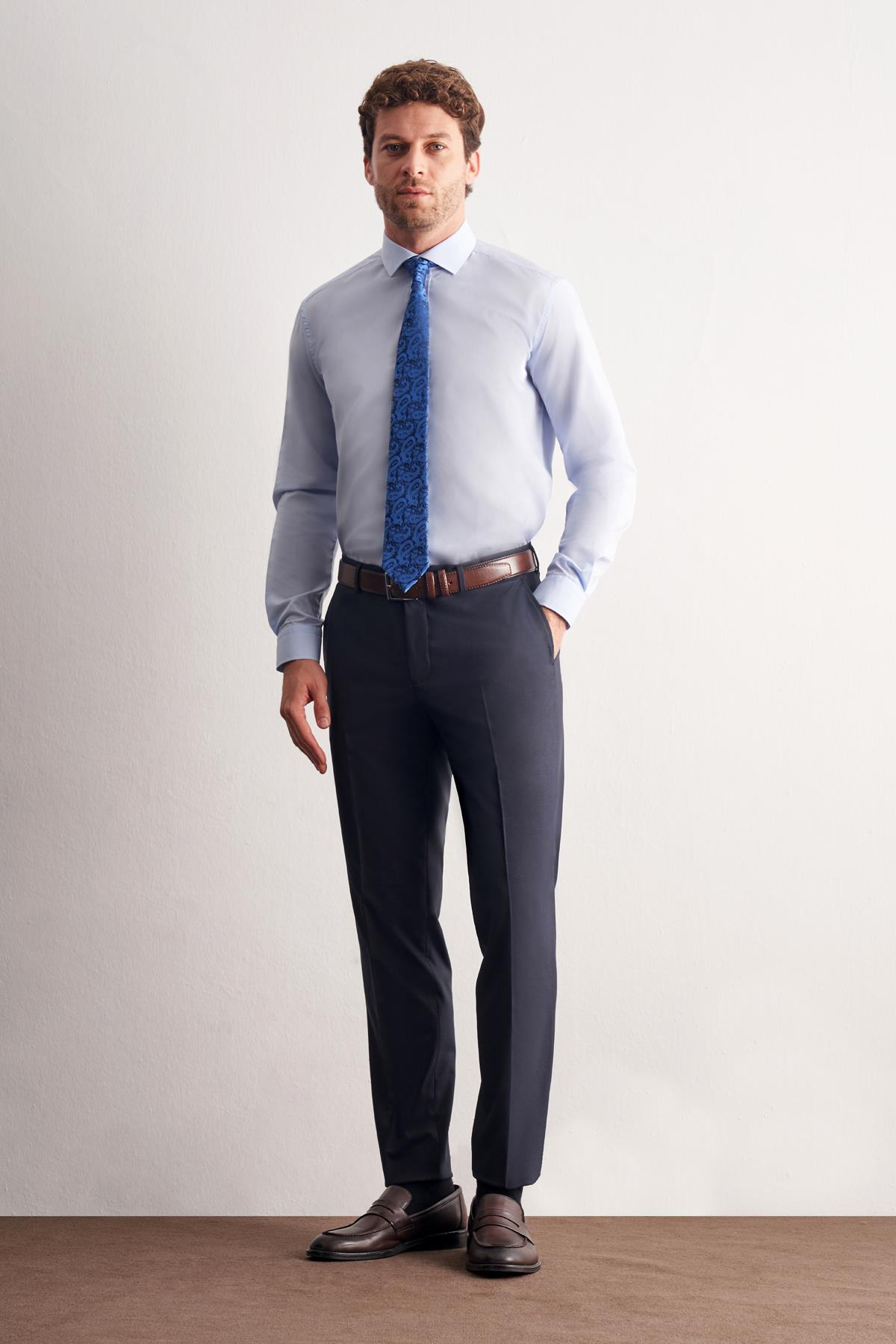 Mavi Yarım İtalyan Yaka Uzun Kol Easy To Iron Slim Fit Pamuklu Gömlek 1004255301