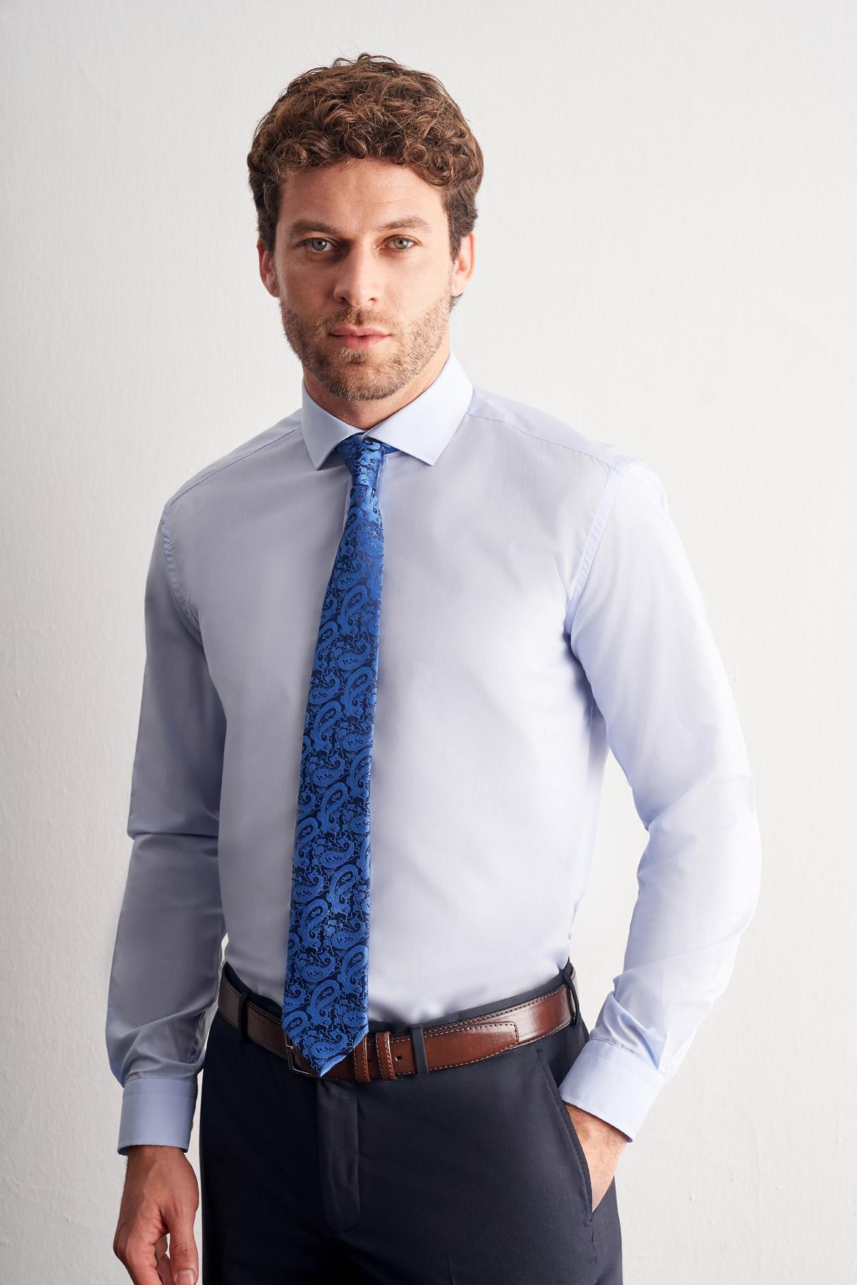 Mavi Yarım İtalyan Yaka Uzun Kol Easy To Iron Slim Fit Pamuklu Gömlek 1004255301