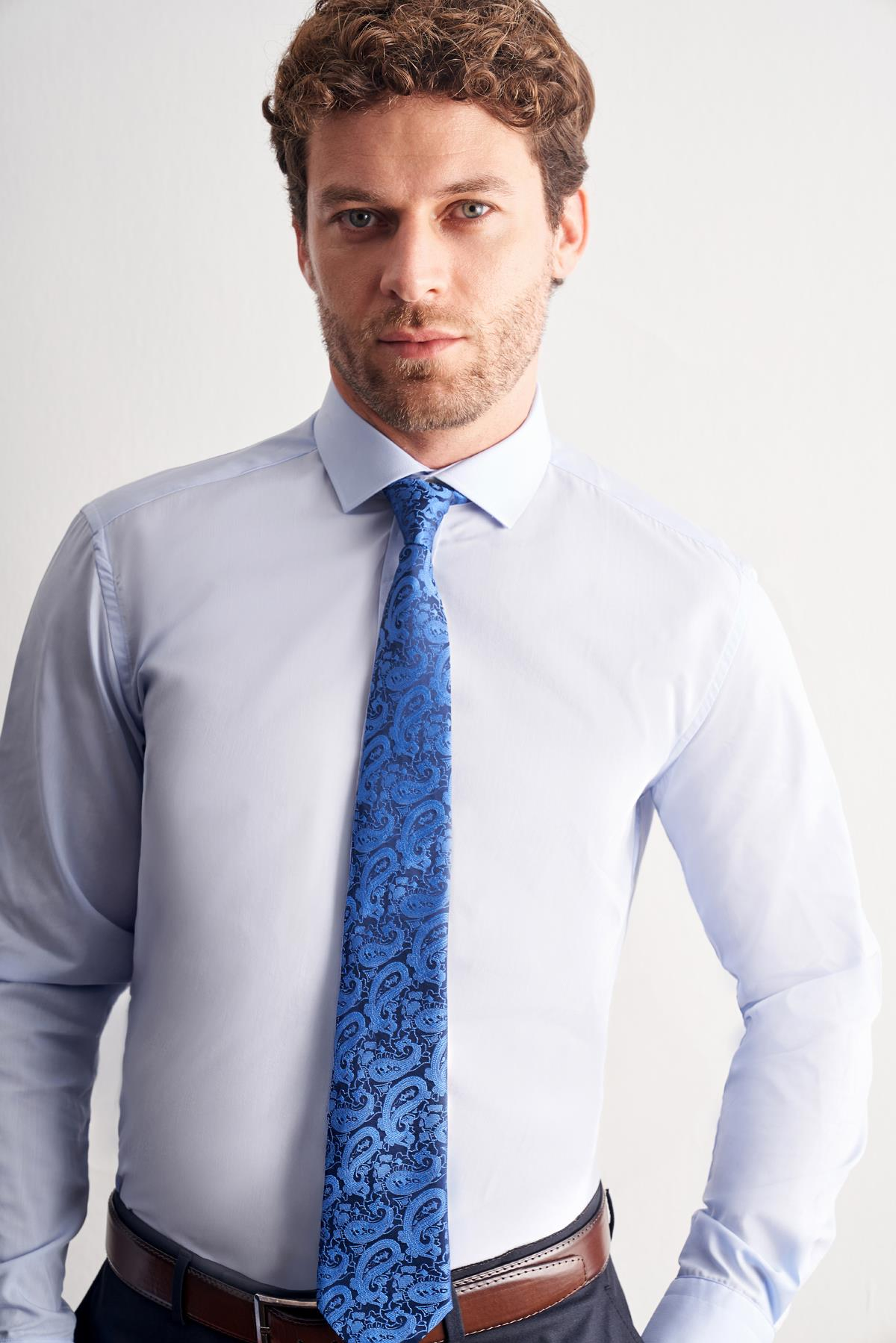 Mavi Yarım İtalyan Yaka Uzun Kol Easy To Iron Slim Fit Pamuklu Gömlek 1004255301