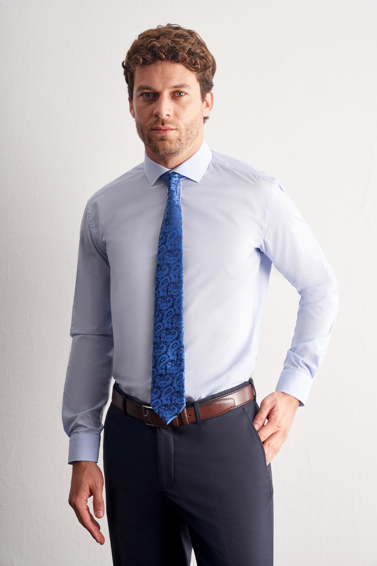 Mavi Yarım İtalyan Yaka Uzun Kol Easy To Iron Slim Fit Pamuklu Gömlek 1004255301