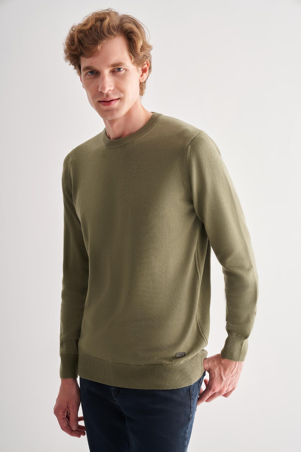Yeşil Bisiklet Yaka Cepsiz Comfort Fit Classic Yünlü Triko Kazak 1012255006