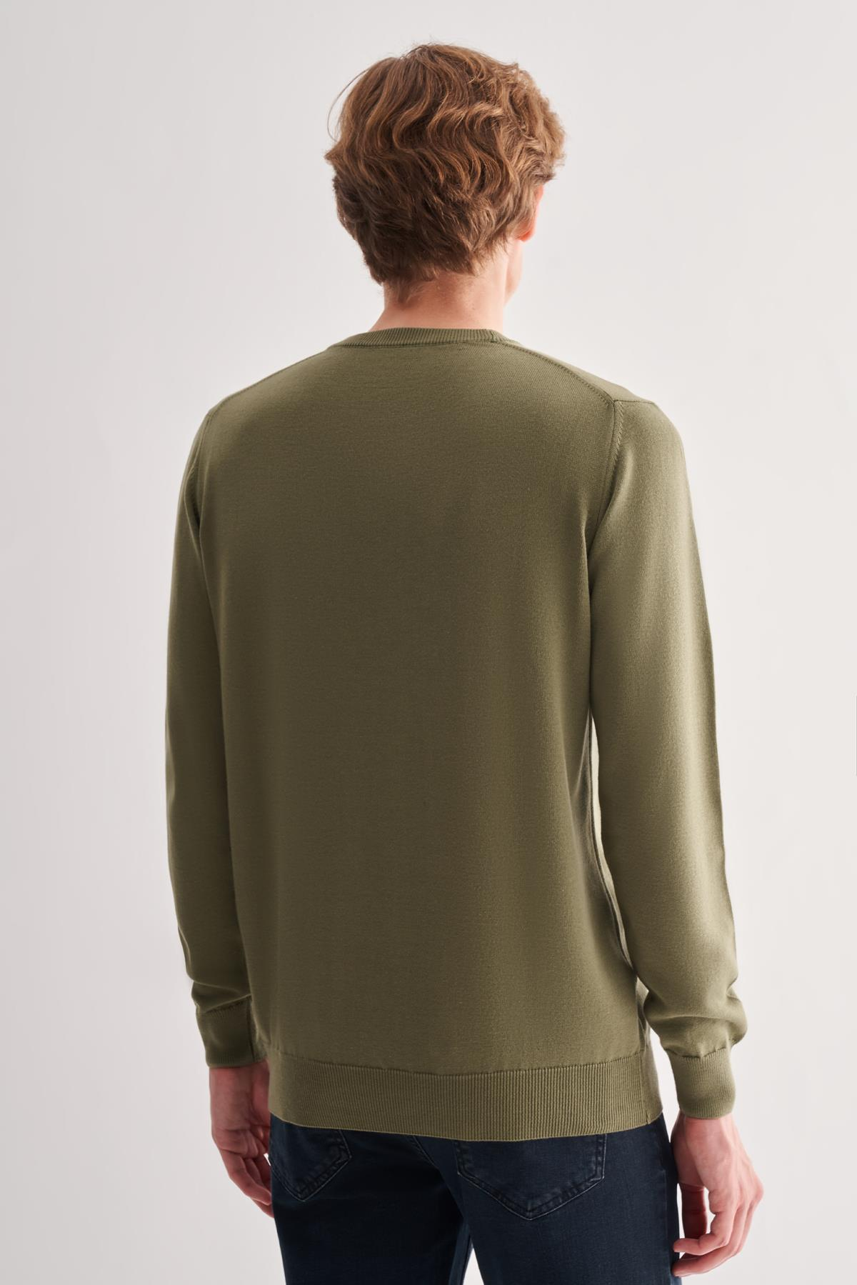 Yeşil Bisiklet Yaka Cepsiz Comfort Fit Classic Yünlü Triko Kazak 1012255006