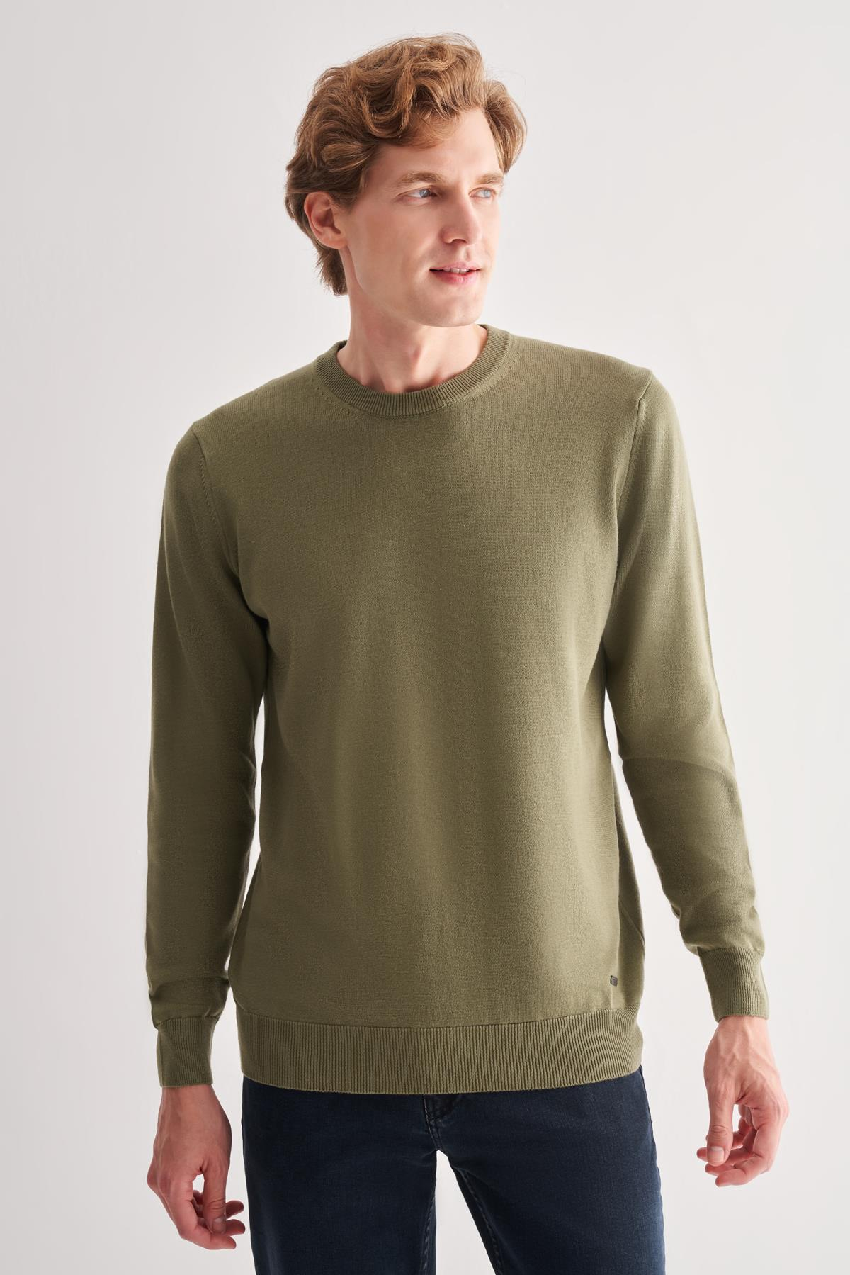 Yeşil Bisiklet Yaka Cepsiz Comfort Fit Classic Yünlü Triko Kazak 1012255006