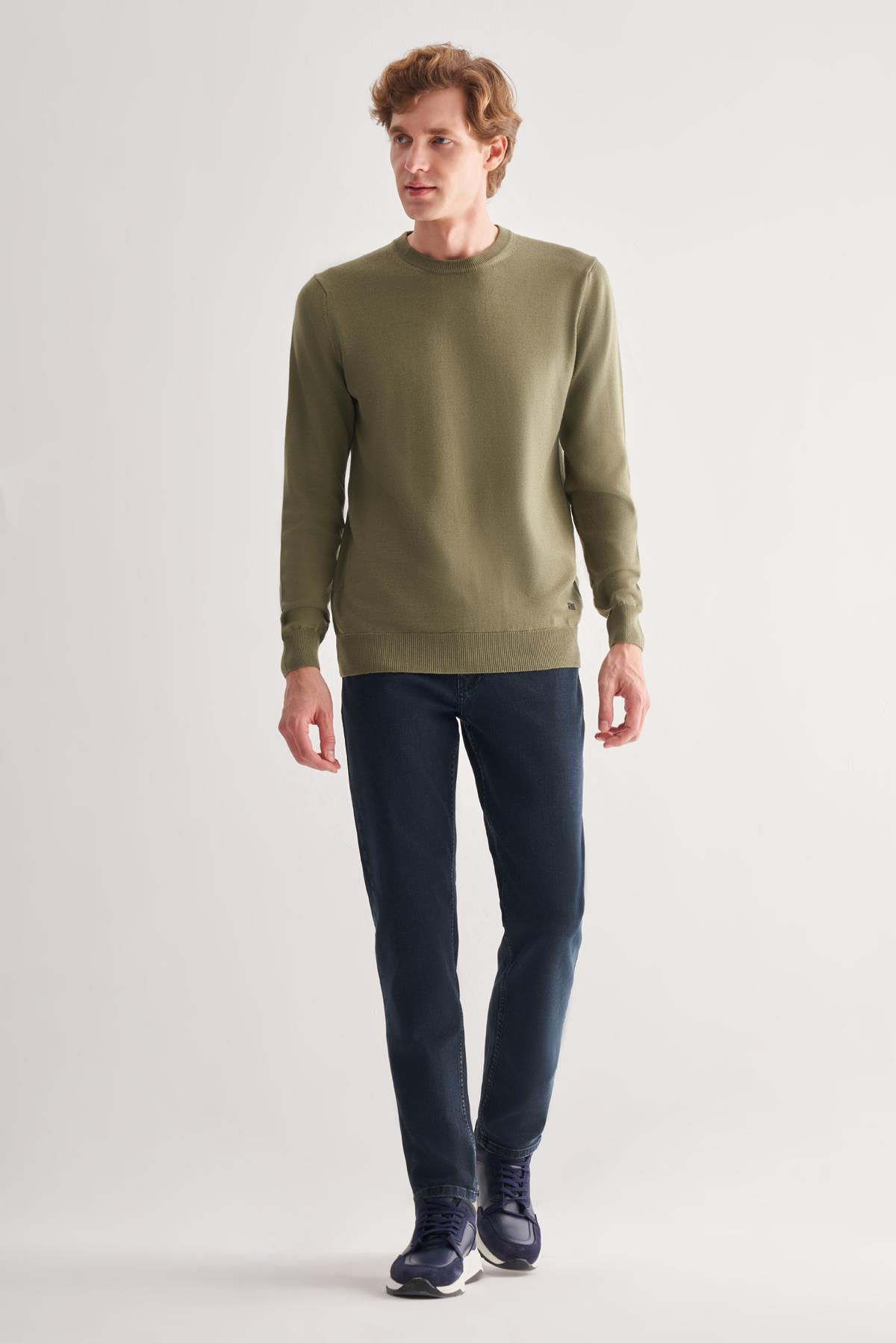 Yeşil Bisiklet Yaka Cepsiz Comfort Fit Classic Yünlü Triko Kazak 1012255006