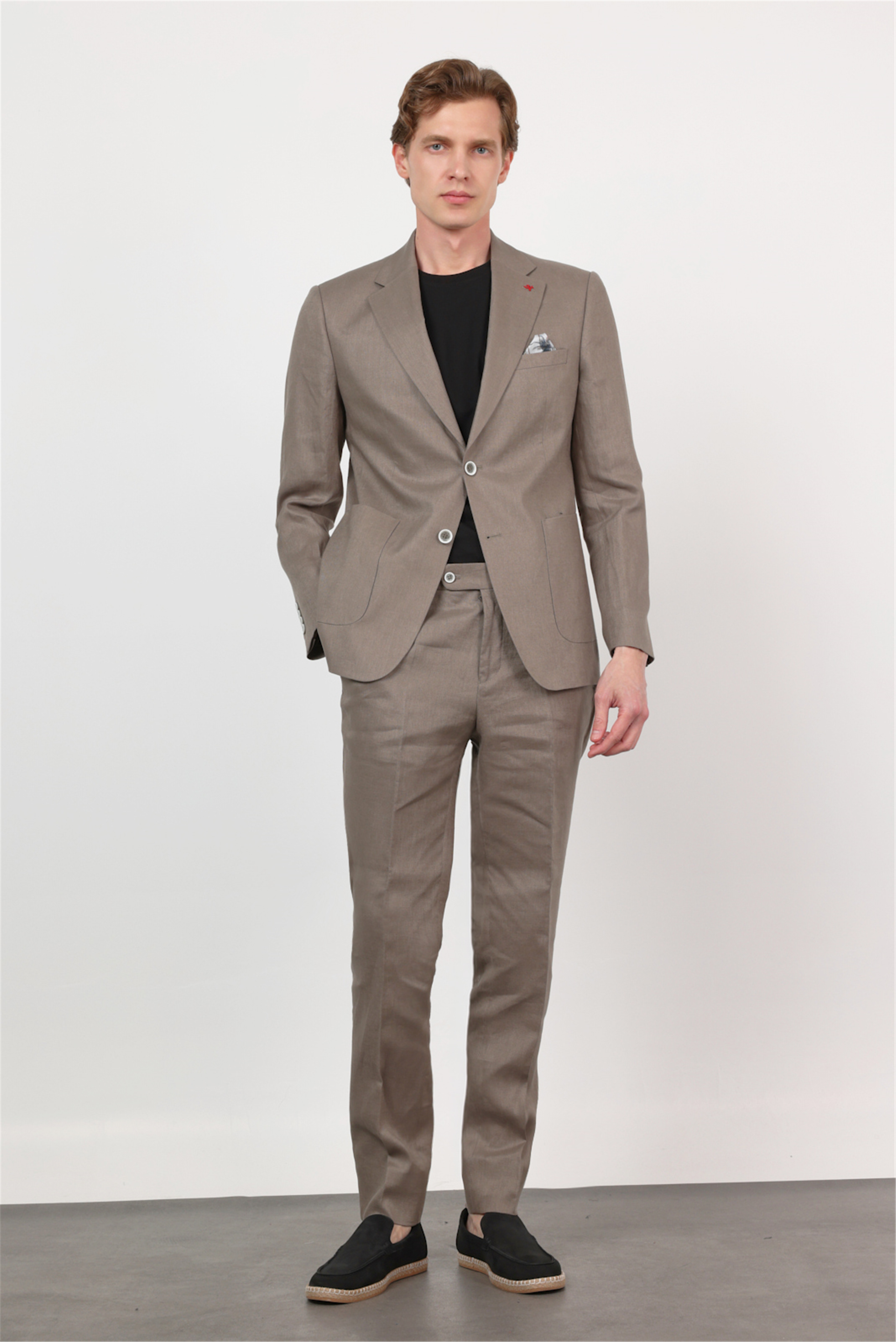 Yeşil Mono Yaka Keten 6 Drop Slim Fit Yarım Astar %100 Keten Takım Elbise 1001260164