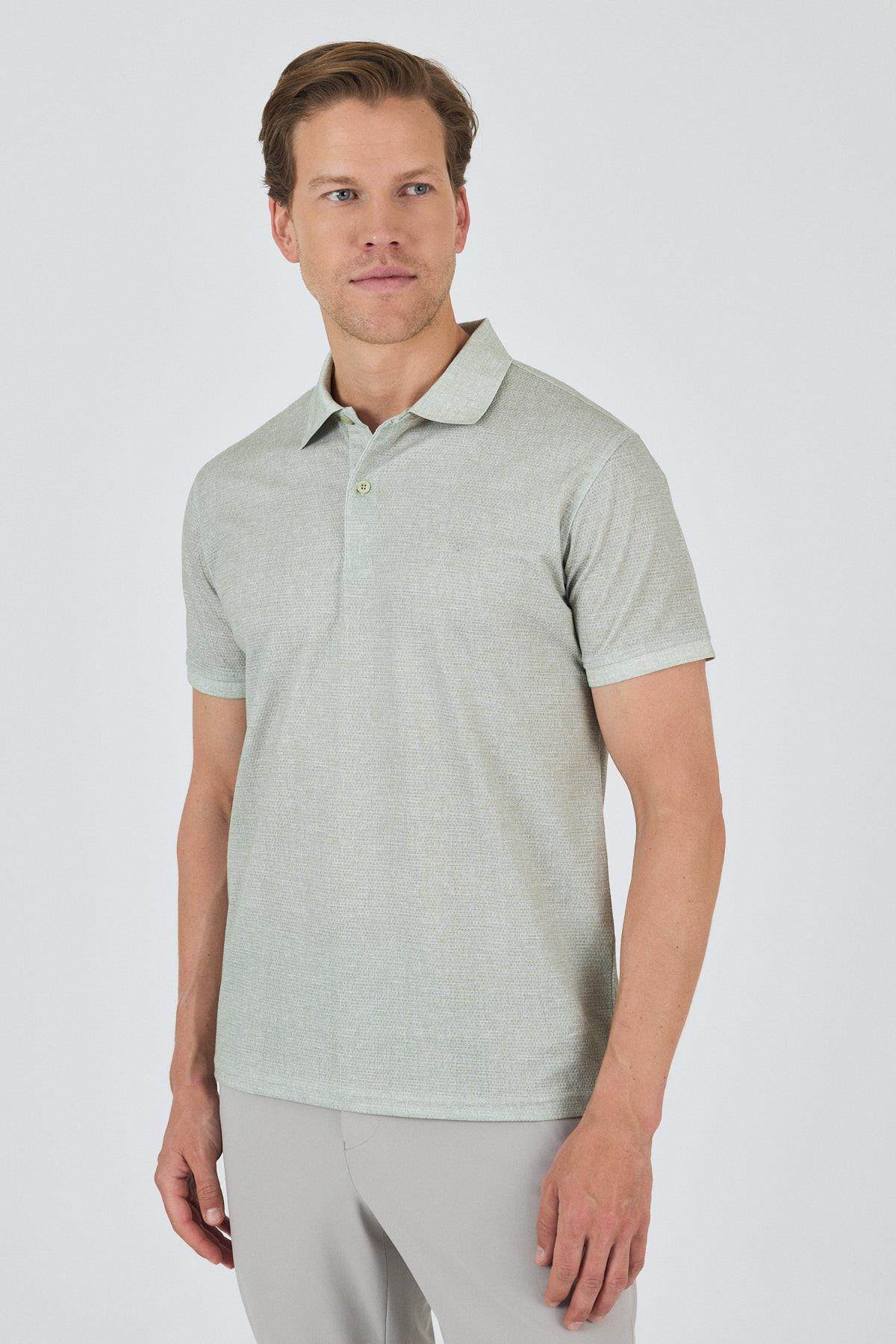 Açık Yeşil Kısa Kol Baskılı Pike Polo Yaka Cepsiz esnek Casual Slim Fit Tişört 1011250153