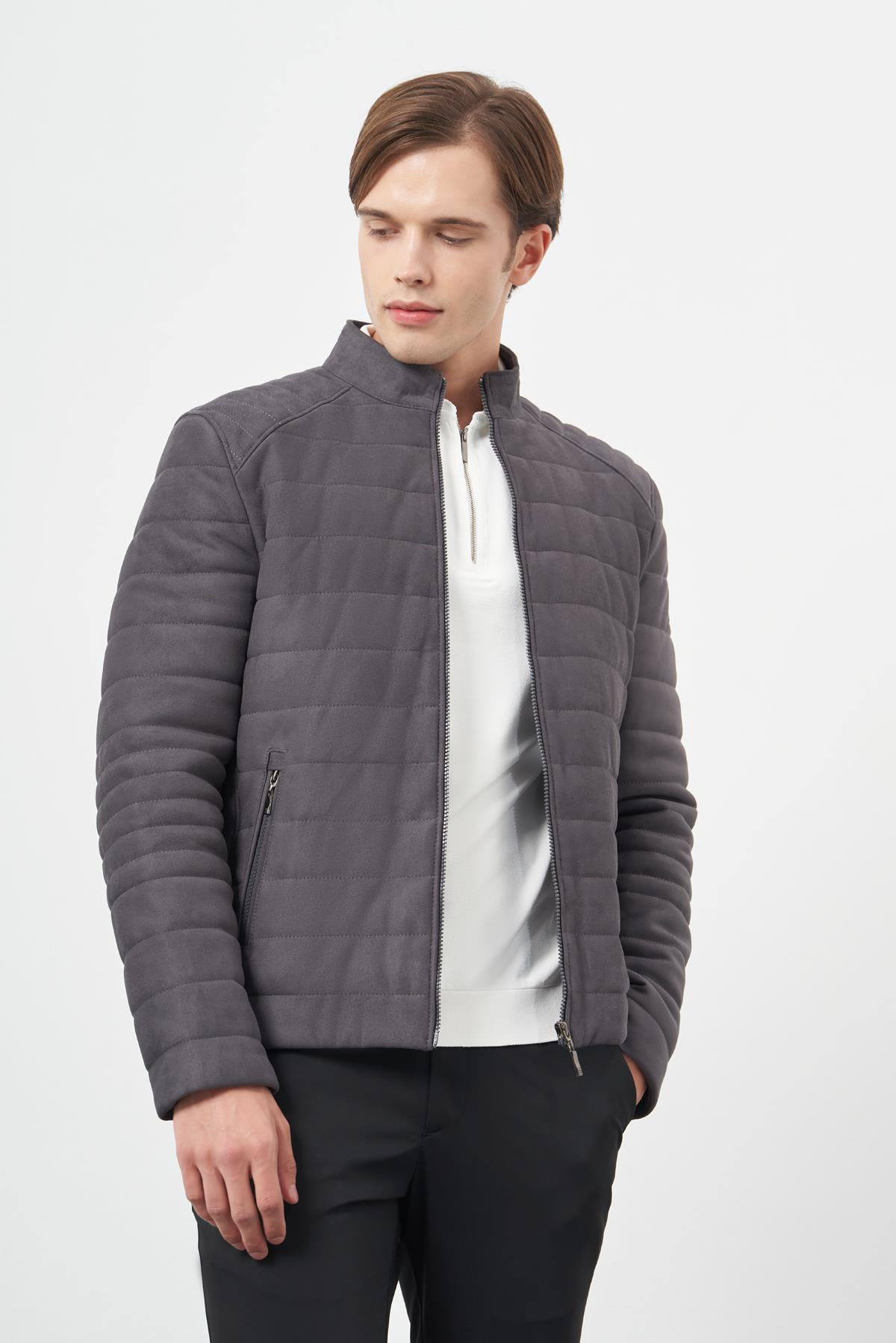 Füme Süet Suni Deri Hakim Yaka Düz Yırtmaçsız Tam Astar Slim Fit Casual Deri Mont 1038245150