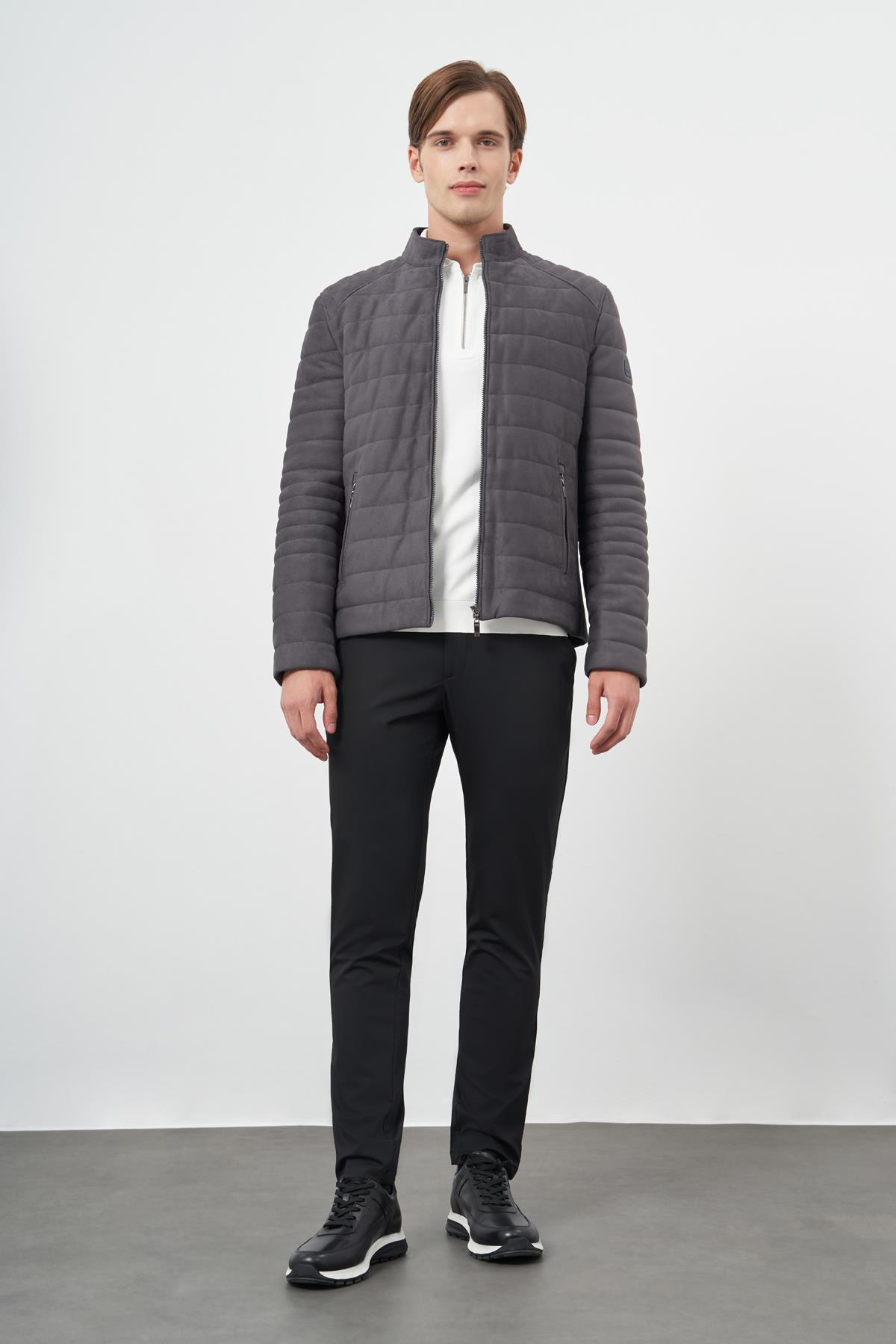 Füme Süet Suni Deri Hakim Yaka Düz Yırtmaçsız Tam Astar Slim Fit Casual Deri Mont 1038245150
