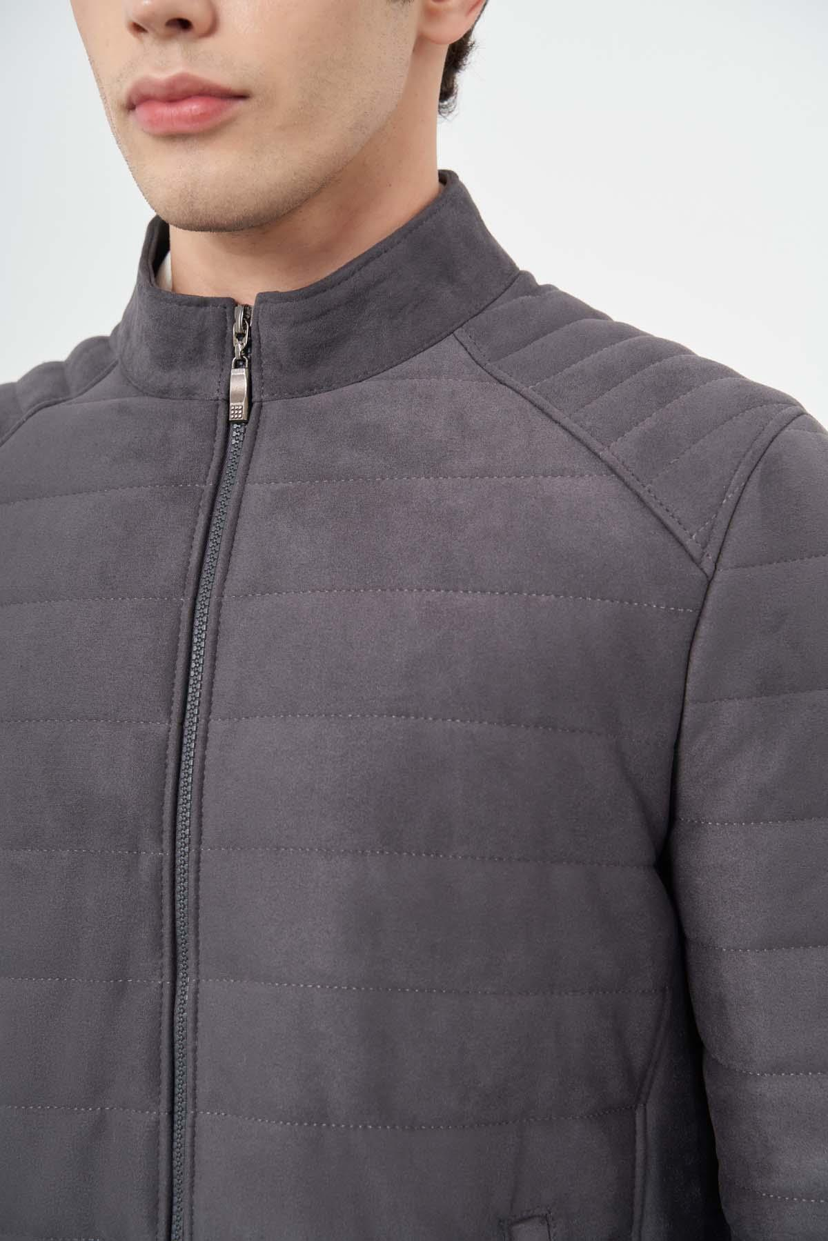 Füme Süet Suni Deri Hakim Yaka Düz Yırtmaçsız Tam Astar Slim Fit Casual Deri Mont 1038245150