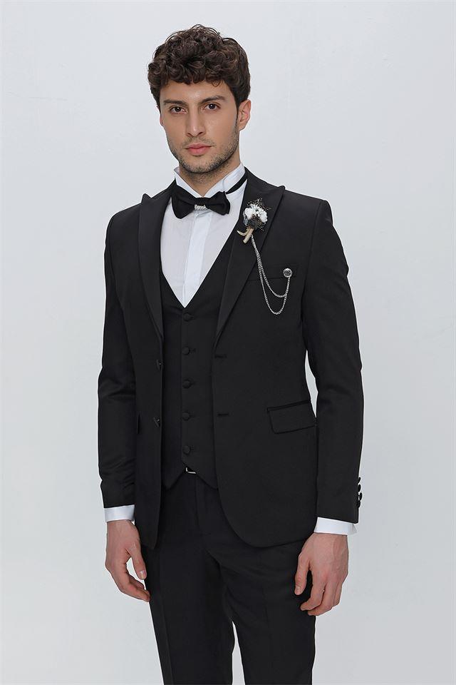 Siyah Armürlü Kırlangıç Yaka Tam Astar Yelekli 6 Drop Slim Fit Dar Kesim Smokin Damatlık 1001225178