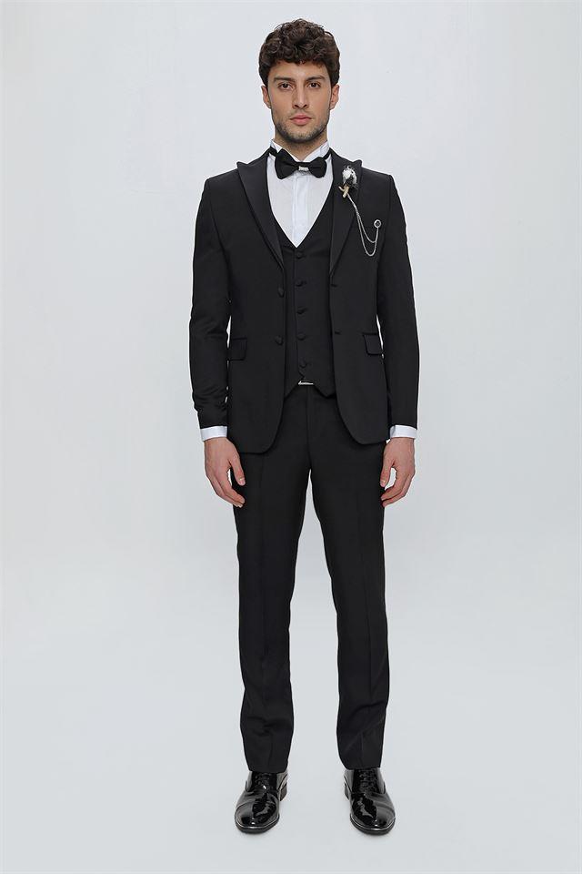 Siyah Armürlü Kırlangıç Yaka Tam Astar Yelekli 6 Drop Slim Fit Dar Kesim Smokin Damatlık 1001225178