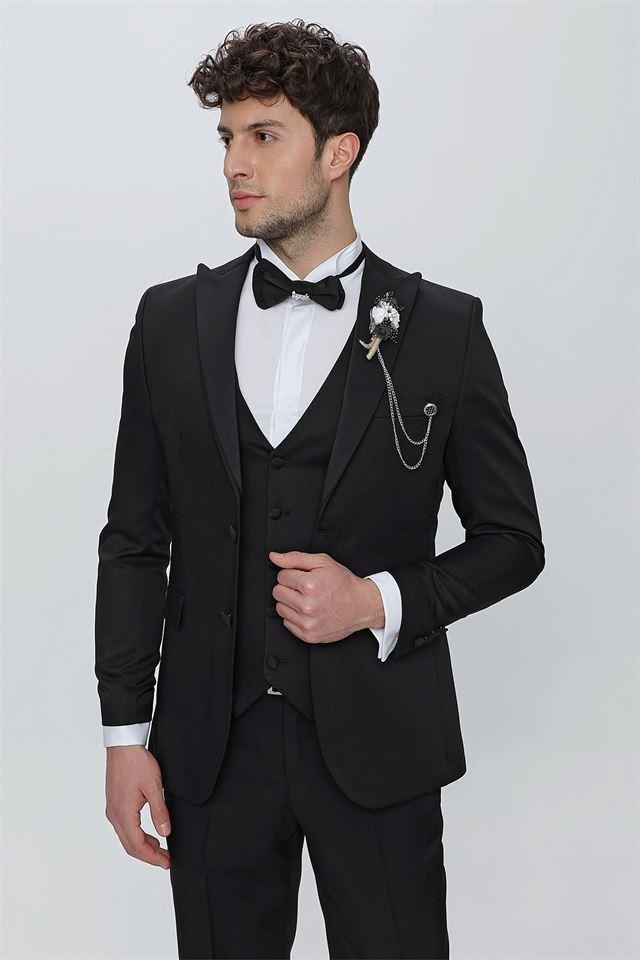 Siyah Armürlü Kırlangıç Yaka Tam Astar Yelekli 6 Drop Slim Fit Dar Kesim Smokin Damatlık 1001225178