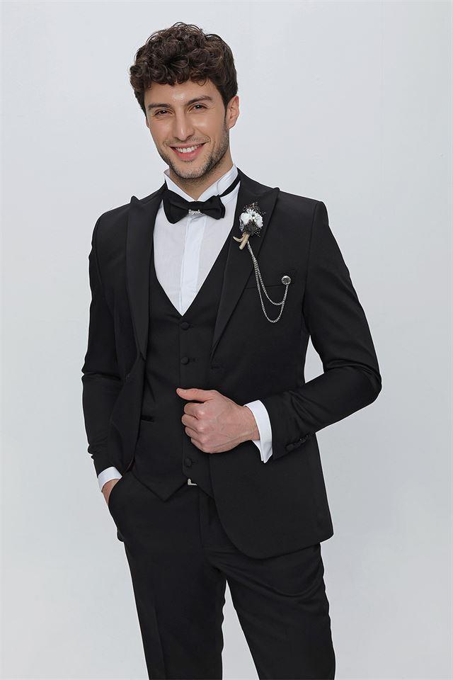 Siyah Armürlü Kırlangıç Yaka Tam Astar Yelekli 6 Drop Slim Fit Dar Kesim Smokin Damatlık 1001225178