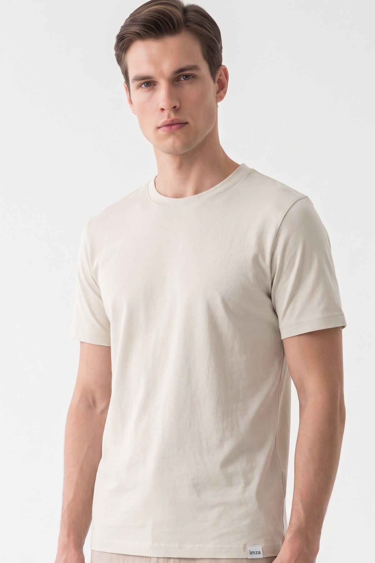 Bej Bisiklet Yaka Kısa Kol Slim Fit Pamuklu Tişört 1011265166