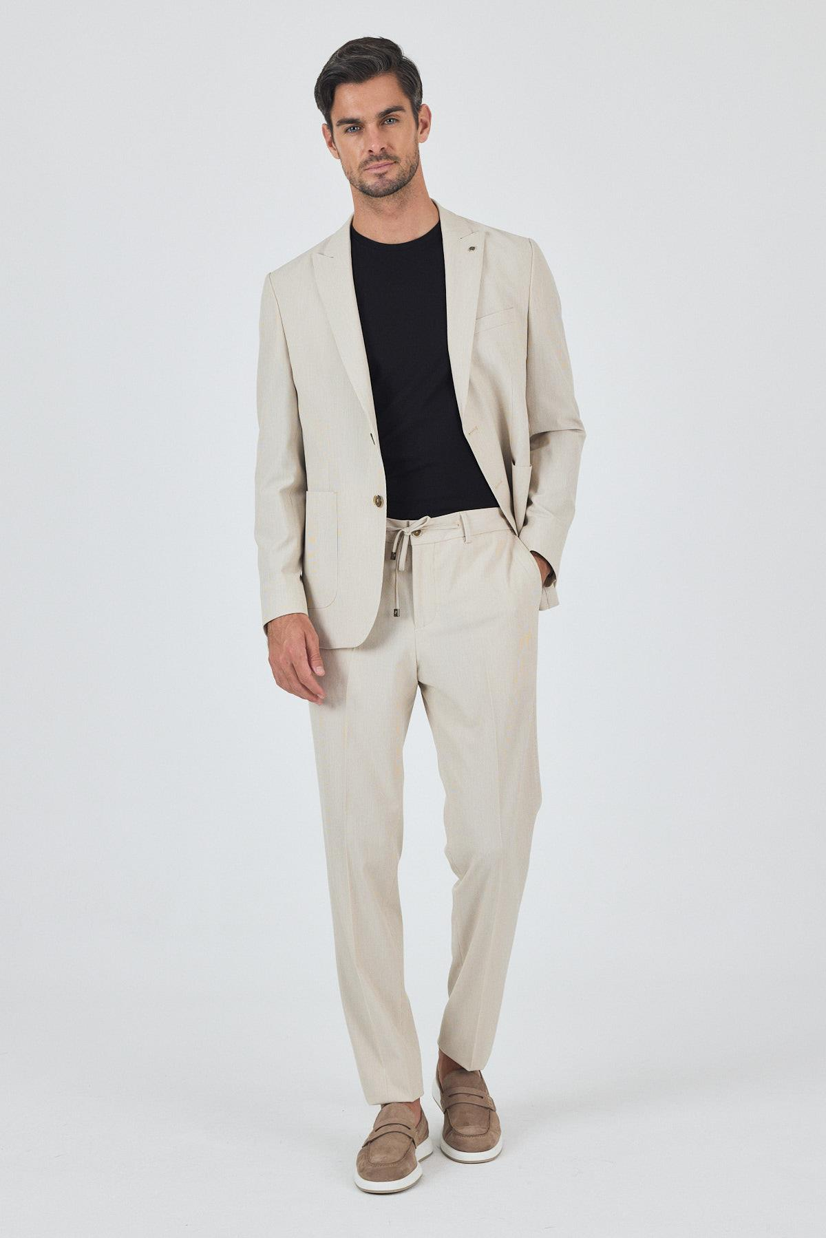 Bej Kırlangıç Yaka Çizgili Beli Lastikli 6 Drop Slim Fit Esnek Takım Elbise 1001250100