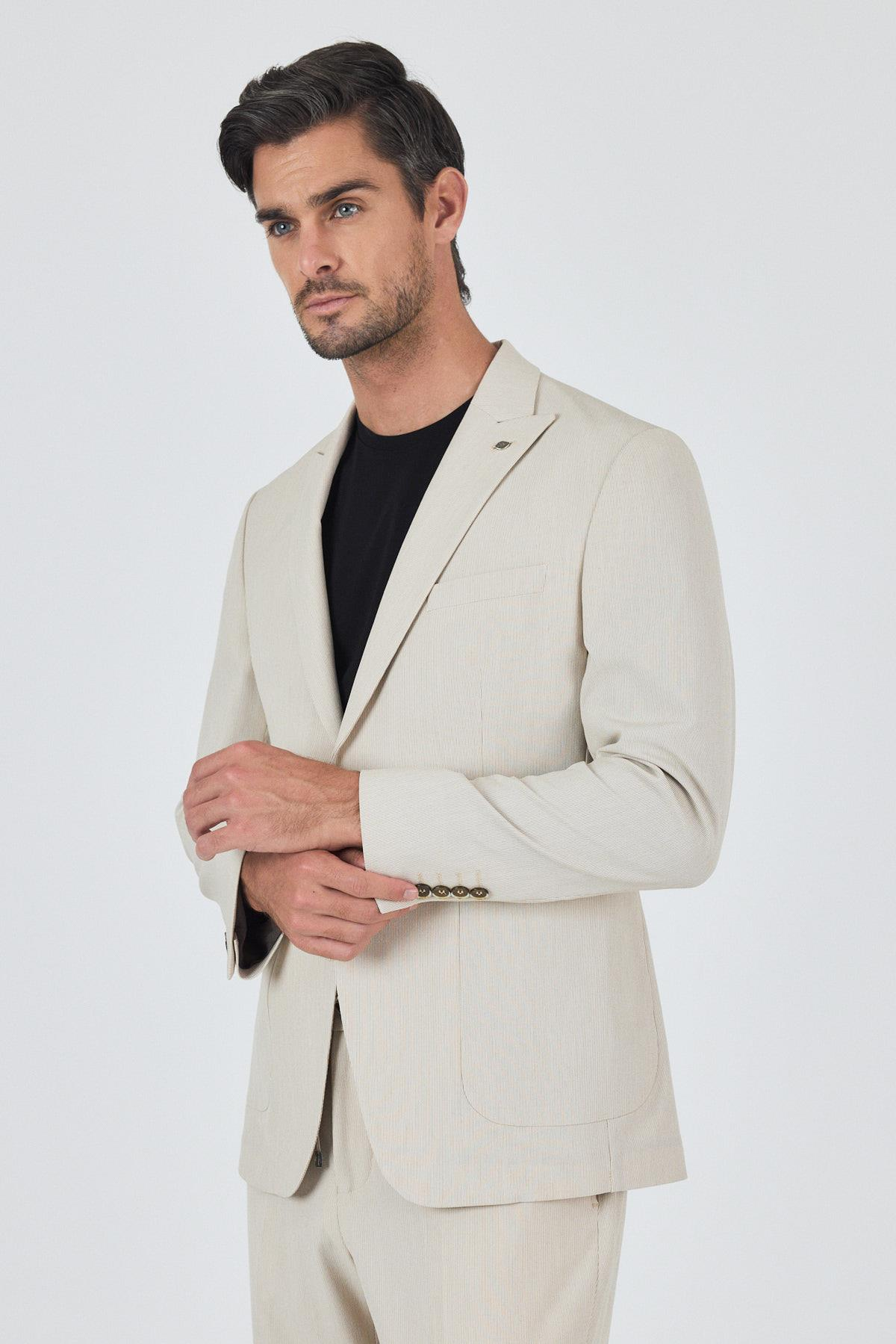 Bej Kırlangıç Yaka Çizgili Beli Lastikli 6 Drop Slim Fit Esnek Takım Elbise 1001250100