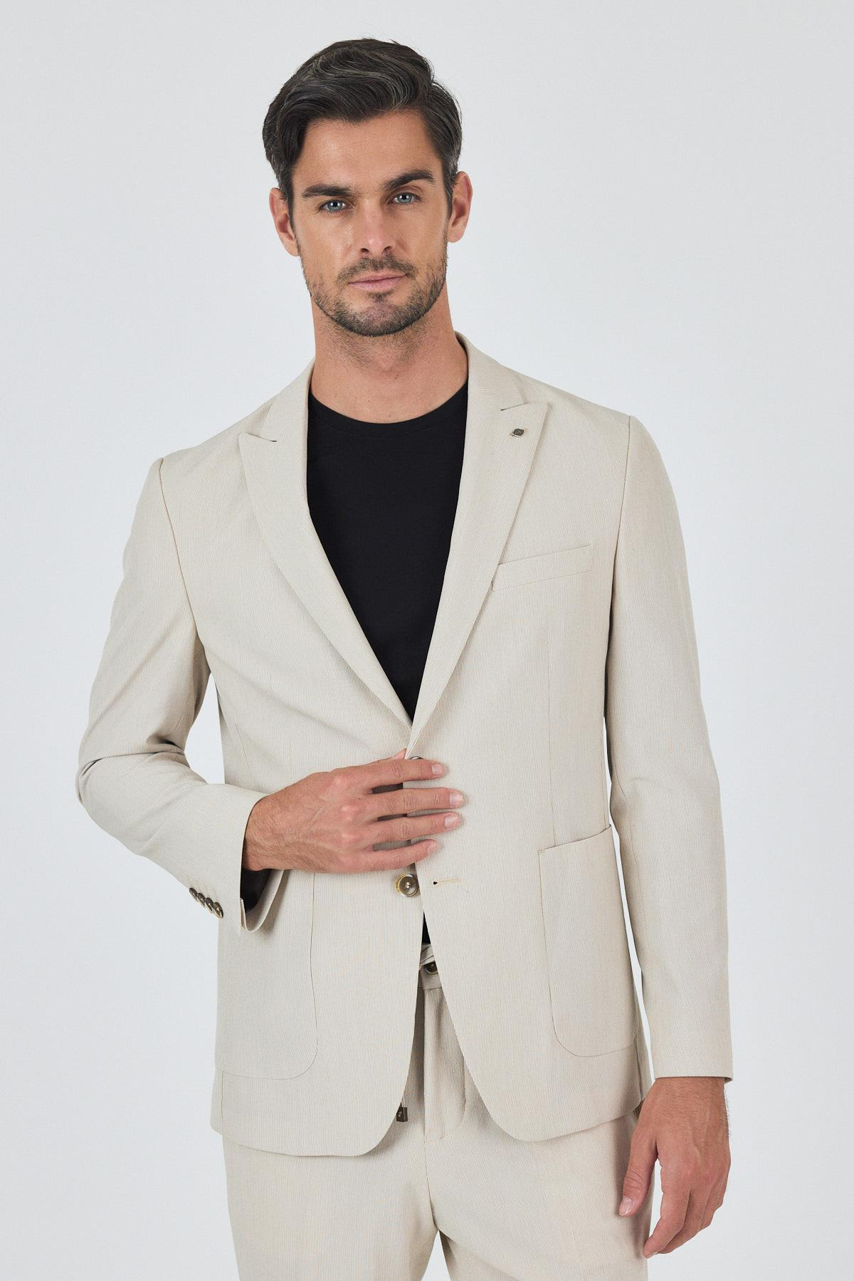 Bej Kırlangıç Yaka Çizgili Beli Lastikli 6 Drop Slim Fit Esnek Takım Elbise 1001250100