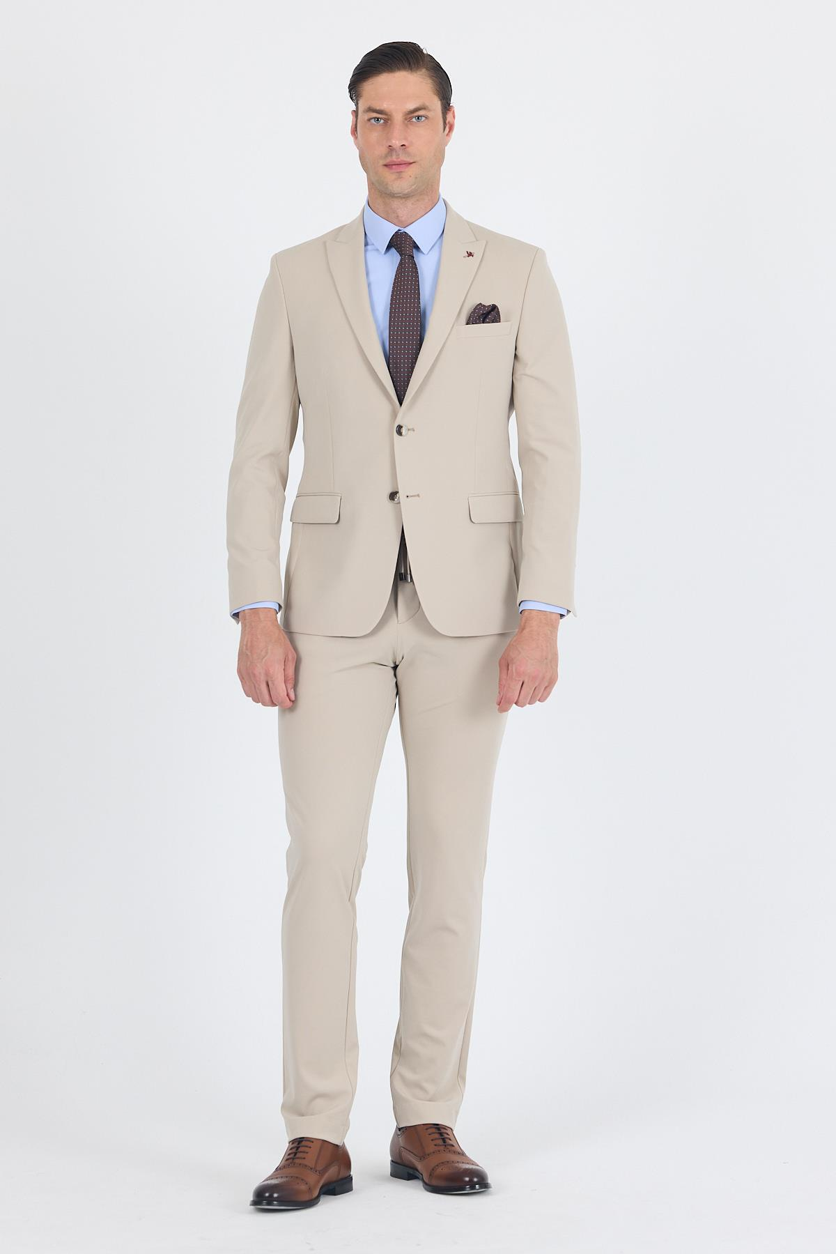 Bej Kırlangıç Yaka Örme Beli Lastikli 6 Drop Slim Fit Kelebek Astar Esnek Takım Elbise 1001250176
