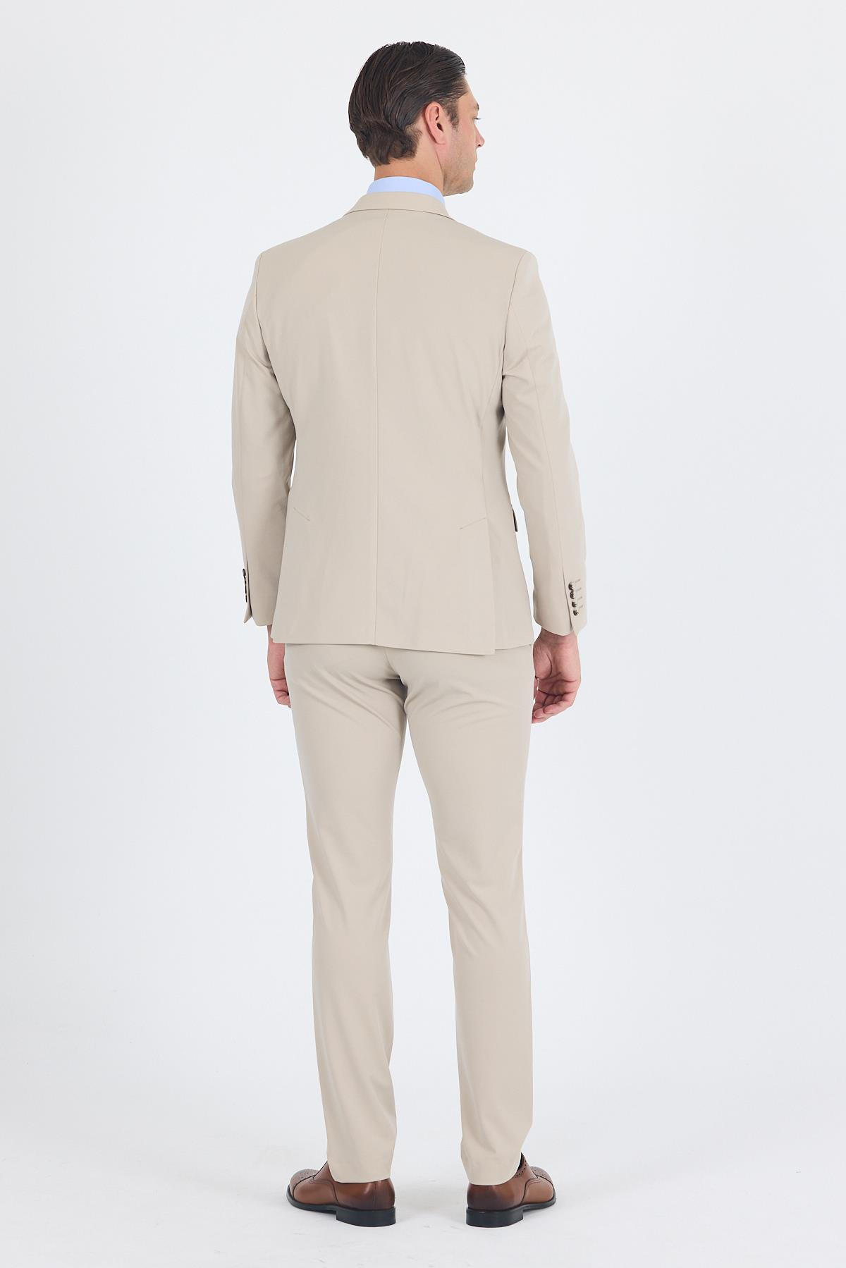 Bej Kırlangıç Yaka Örme Beli Lastikli 6 Drop Slim Fit Kelebek Astar Esnek Takım Elbise 1001250176