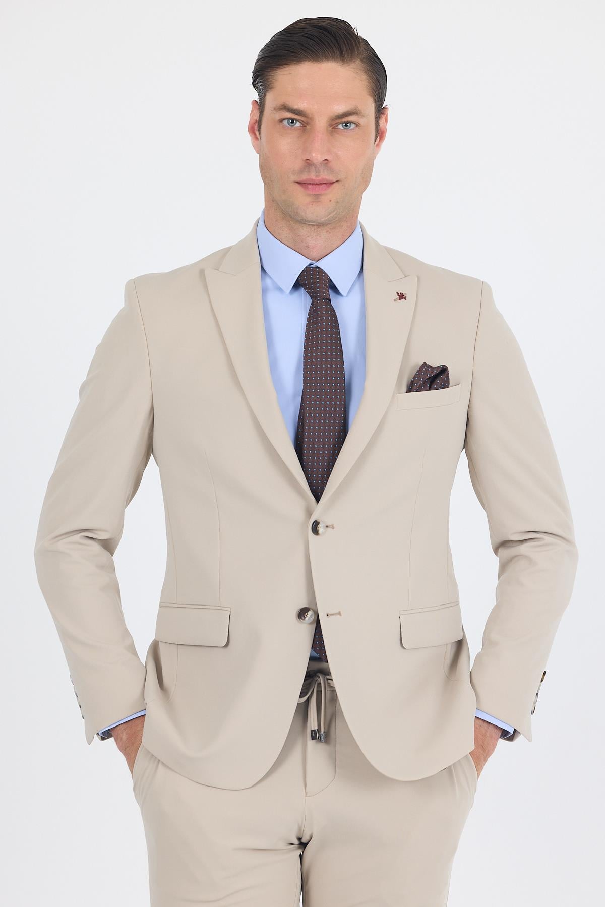 Bej Kırlangıç Yaka Örme Beli Lastikli 6 Drop Slim Fit Kelebek Astar Esnek Takım Elbise 1001250176