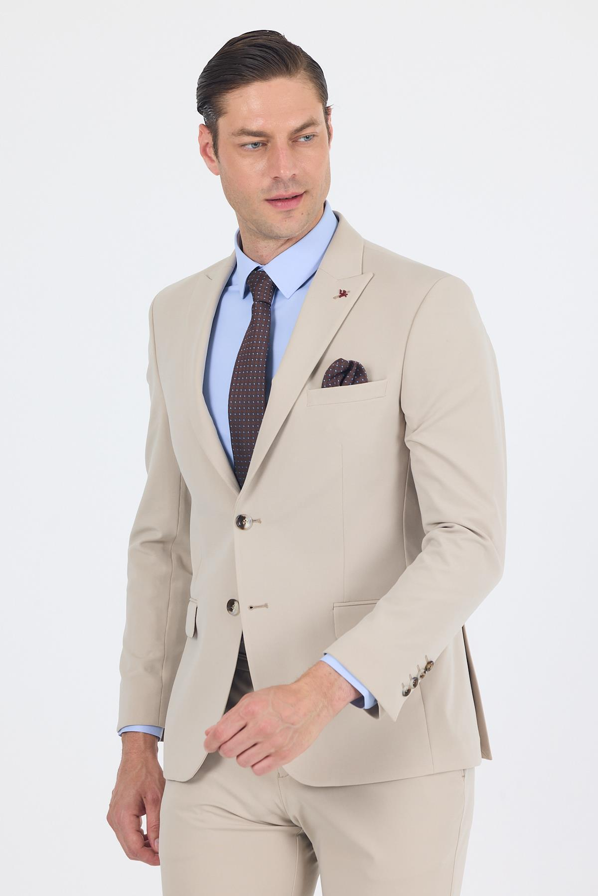 Bej Kırlangıç Yaka Örme Beli Lastikli 6 Drop Slim Fit Kelebek Astar Esnek Takım Elbise 1001250176