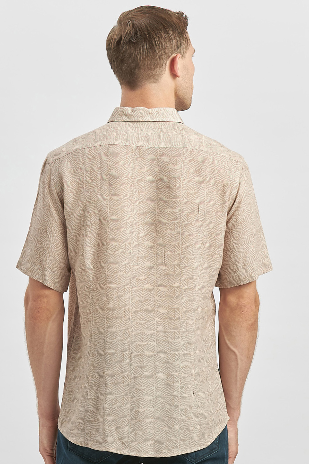 Bej Kısa Kollu Düğmeli Yaka Keten Karışımlı Slim Fit Gömlek 1004240242