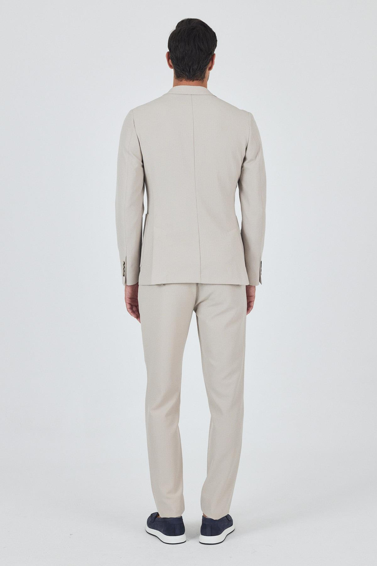 Bej Mono Yaka 6 Drop Slim Fit Esnek Beli Lastikli Takım Elbise 1001250174