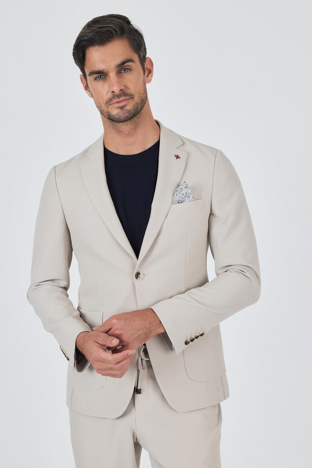 Bej Mono Yaka 6 Drop Slim Fit Esnek Beli Lastikli Takım Elbise 1001250174