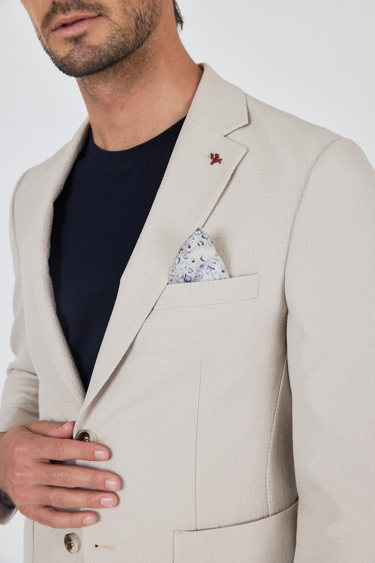 Bej Mono Yaka 6 Drop Slim Fit Esnek Beli Lastikli Takım Elbise 1001250174