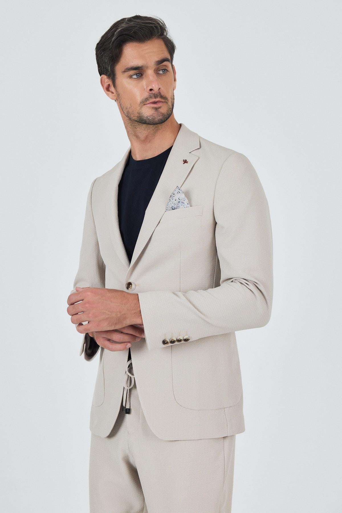 Bej Mono Yaka 6 Drop Slim Fit Esnek Beli Lastikli Takım Elbise 1001250174