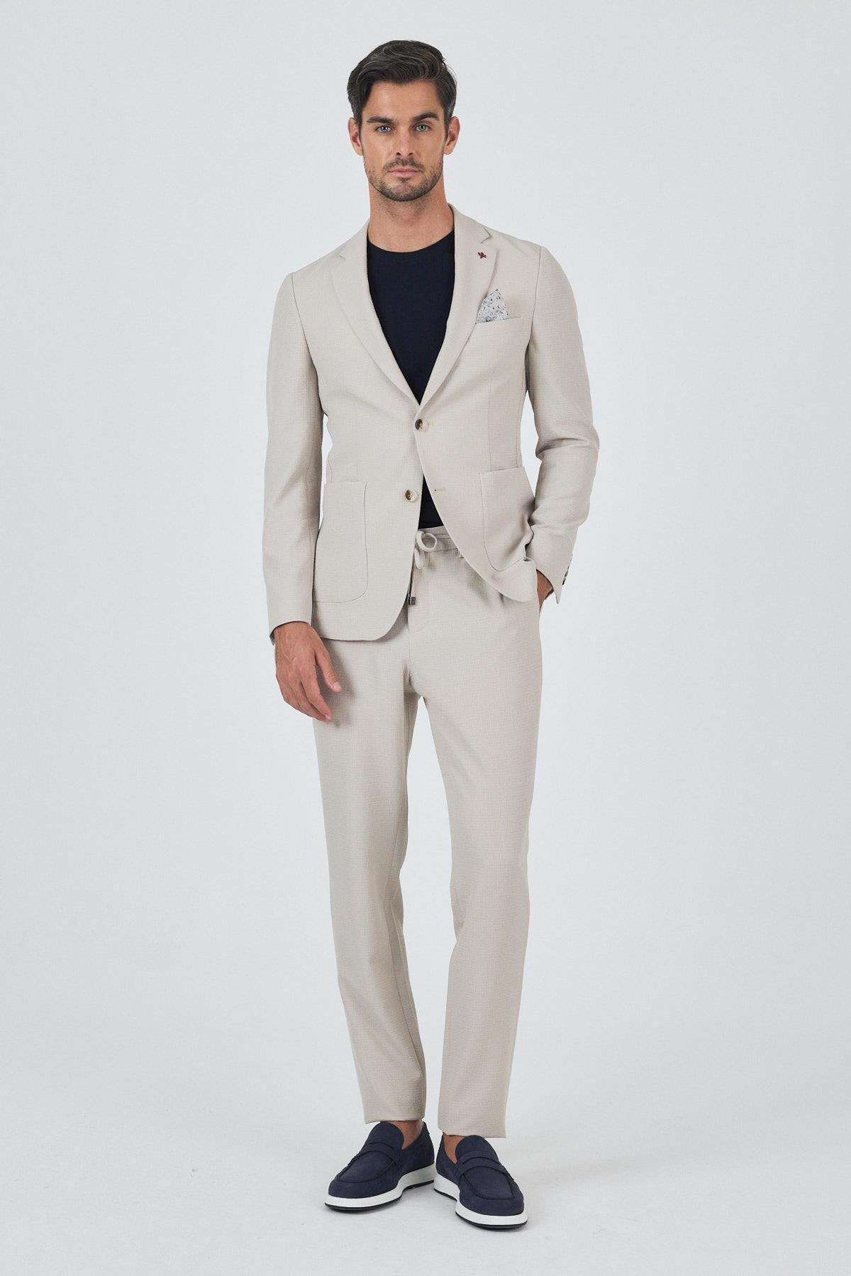 Bej Mono Yaka 6 Drop Slim Fit Esnek Beli Lastikli Takım Elbise 1001250174