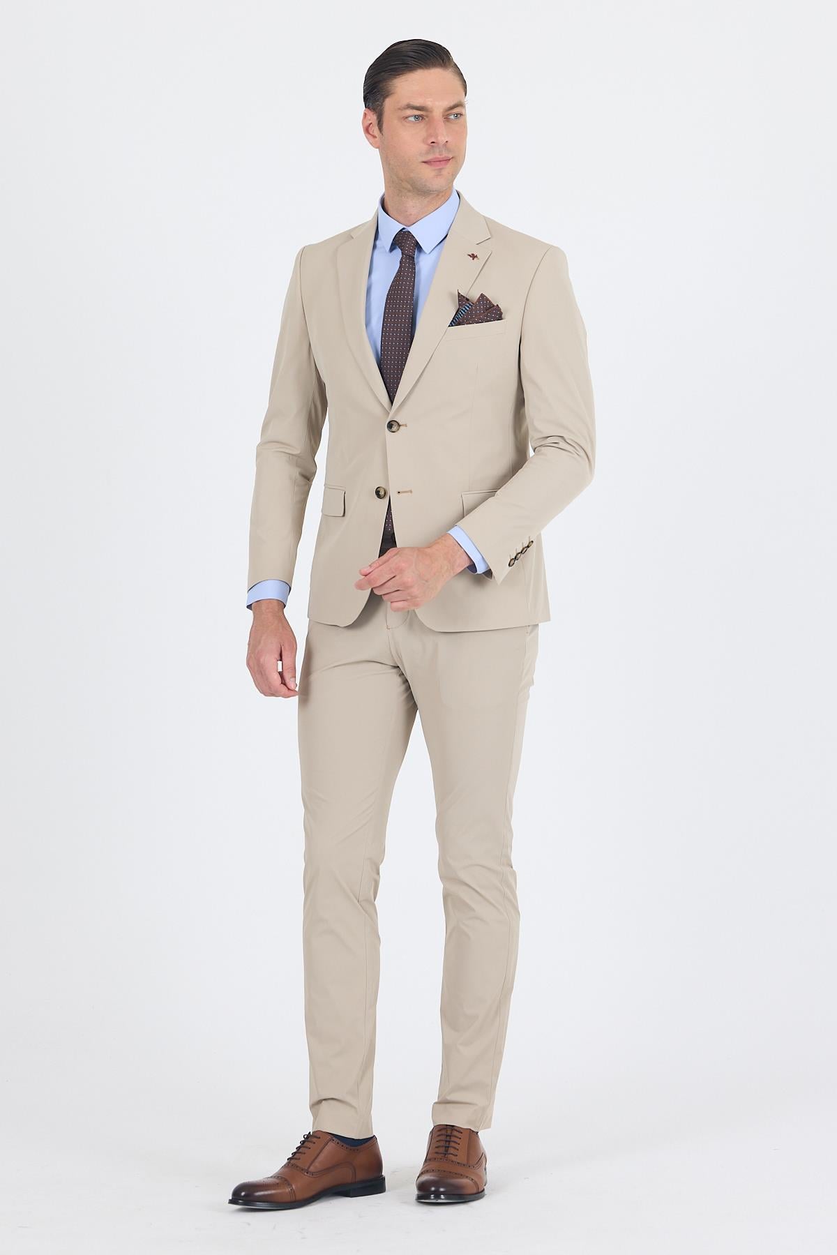 Bej Mono Yaka Örme Beli Lastikli 6 Drop Slim Fit Yarım Astar Esnek Takım Elbise 1001250121