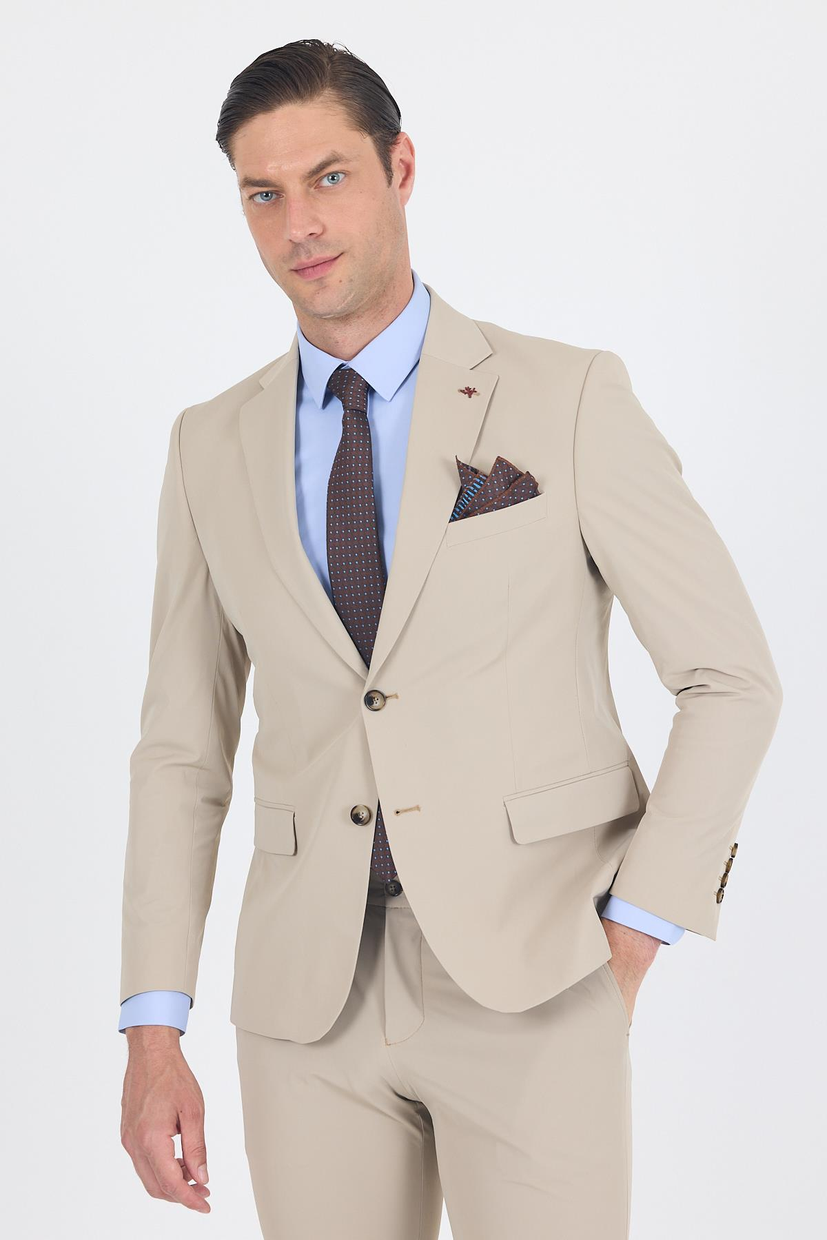 Bej Mono Yaka Örme Beli Lastikli 6 Drop Slim Fit Yarım Astar Esnek Takım Elbise 1001250121