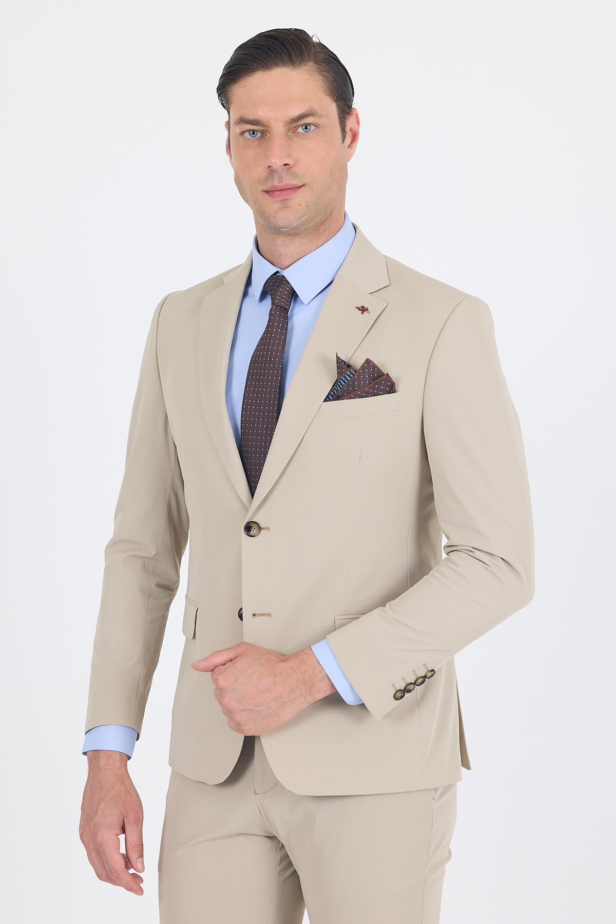Bej Mono Yaka Örme Beli Lastikli 6 Drop Slim Fit Yarım Astar Esnek Takım Elbise 1001250121