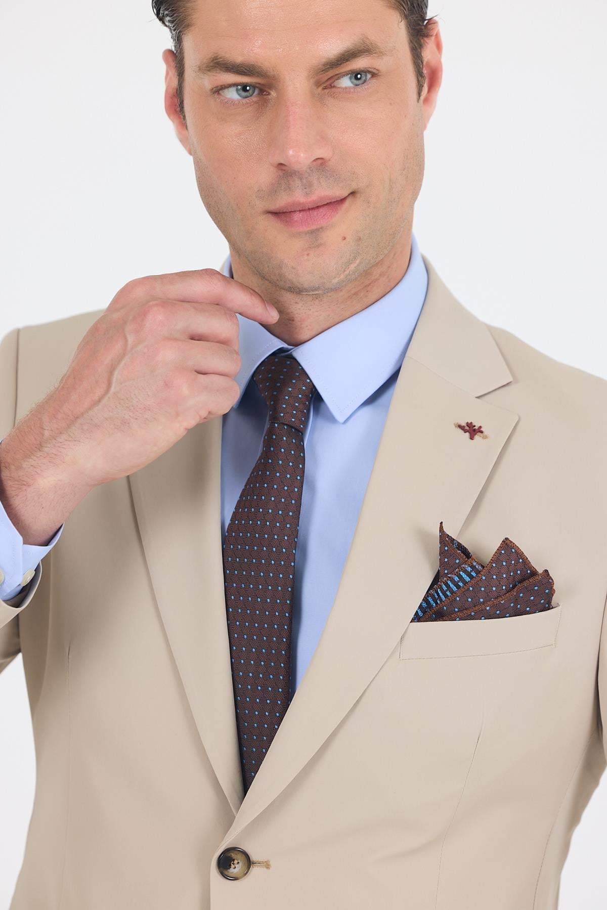 Bej Mono Yaka Örme Beli Lastikli 6 Drop Slim Fit Yarım Astar Esnek Takım Elbise 1001250121