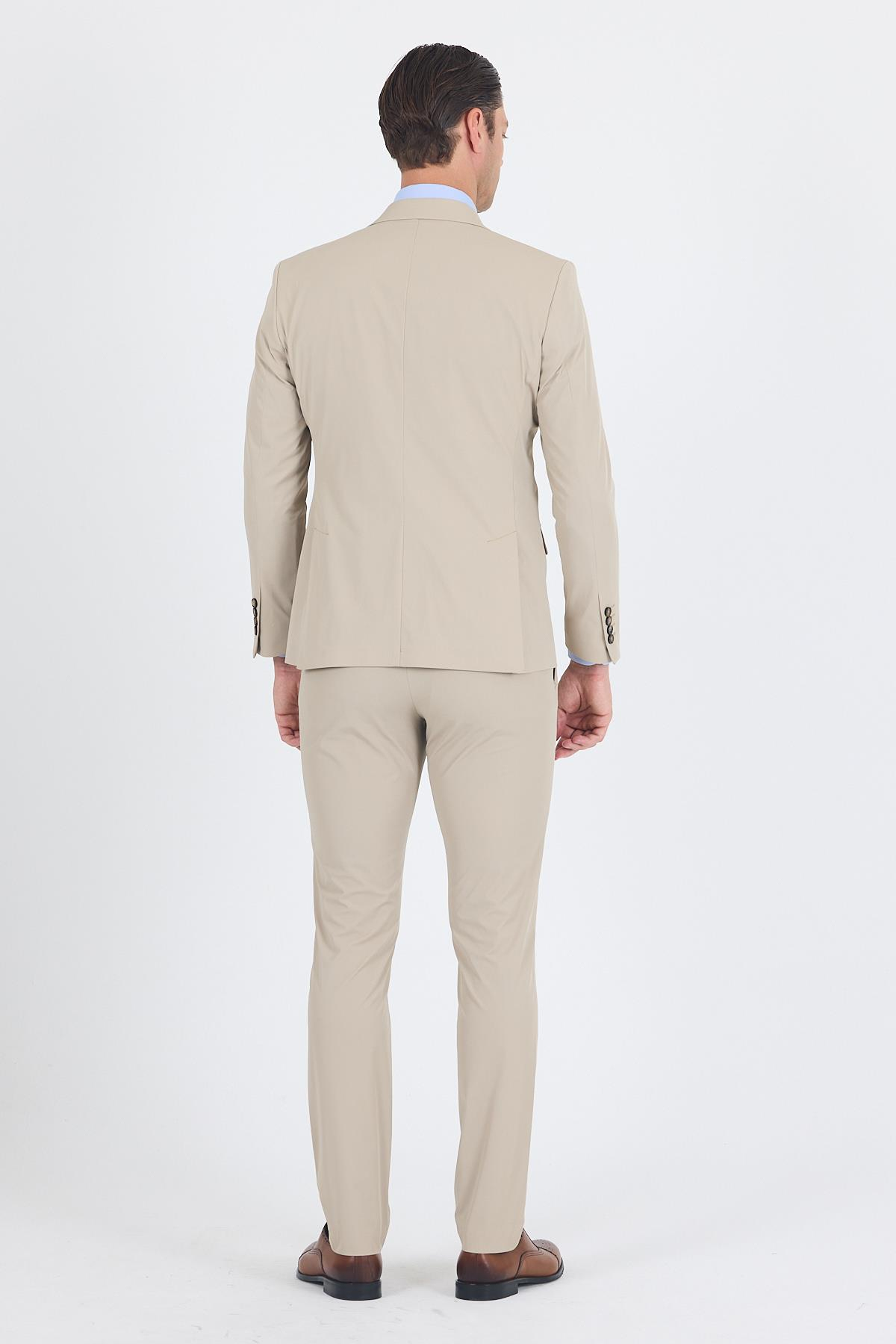 Bej Mono Yaka Örme Beli Lastikli 6 Drop Slim Fit Yarım Astar Esnek Takım Elbise 1001250121
