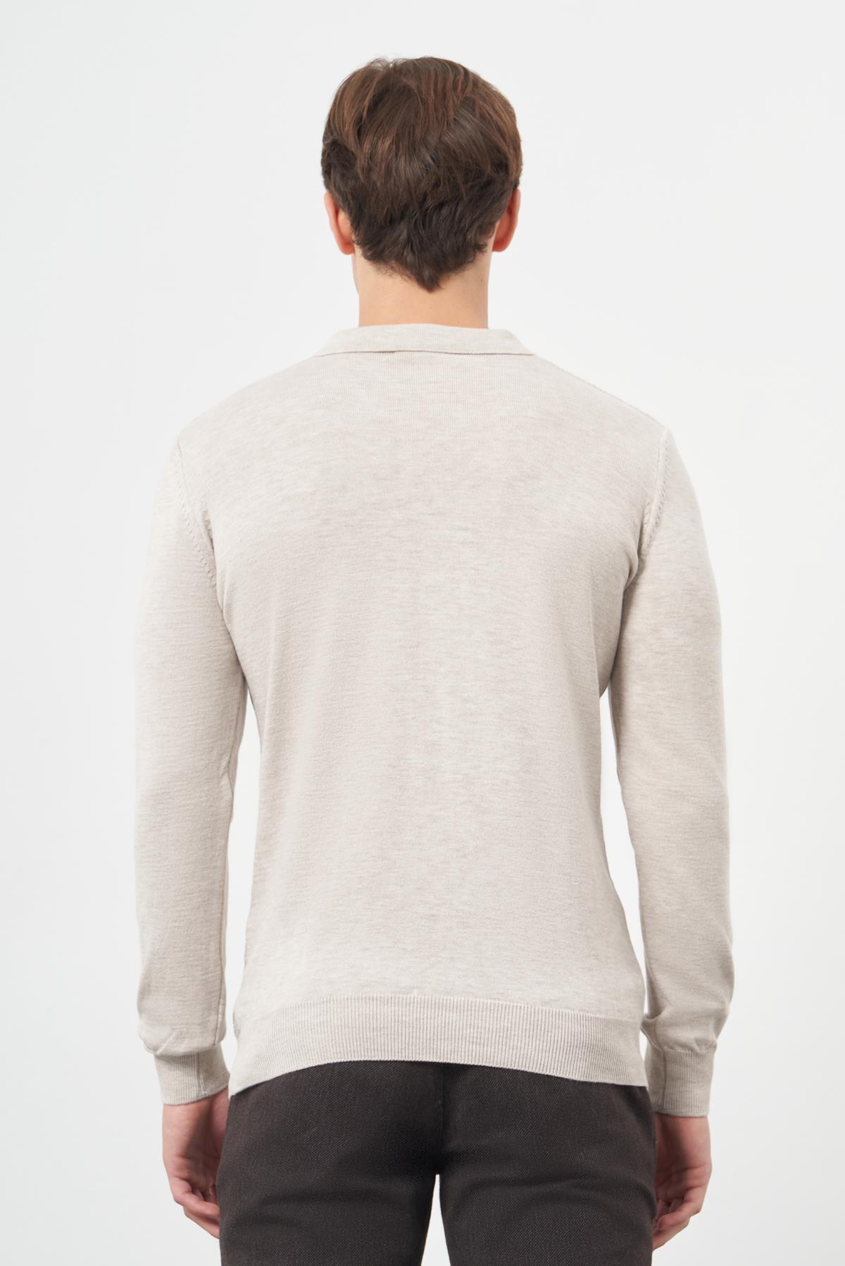 Bej Uzun Kol Kendinden Desenli Örme Polo Yaka Classic Comfort Fit Triko 1012245156