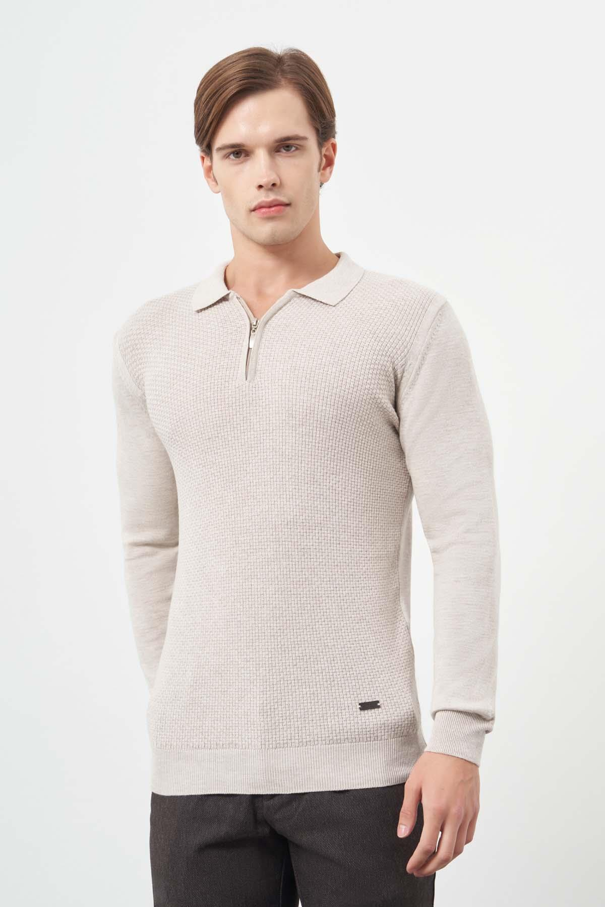 Bej Uzun Kol Kendinden Desenli Örme Polo Yaka Classic Comfort Fit Triko 1012245156